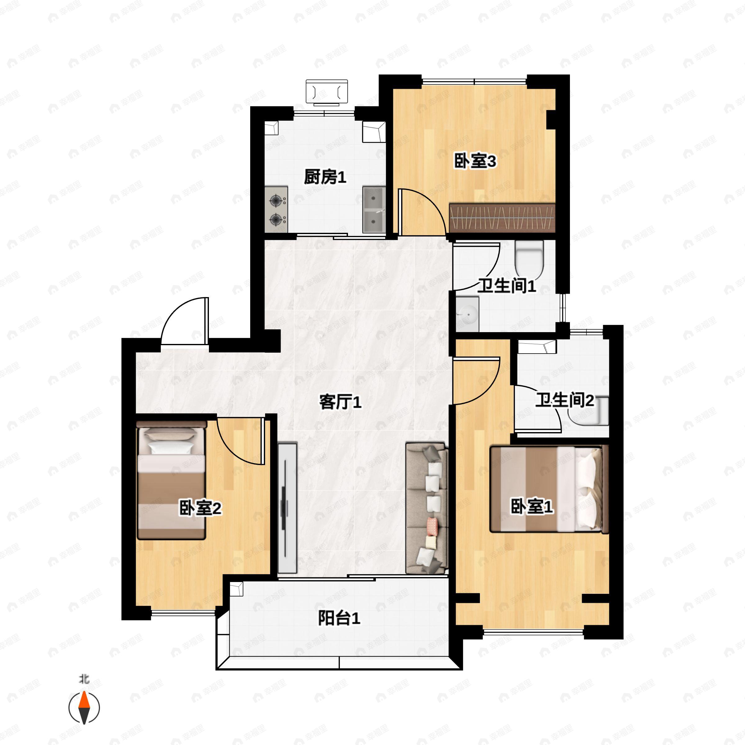 3室2厅2卫建面100平南户型图