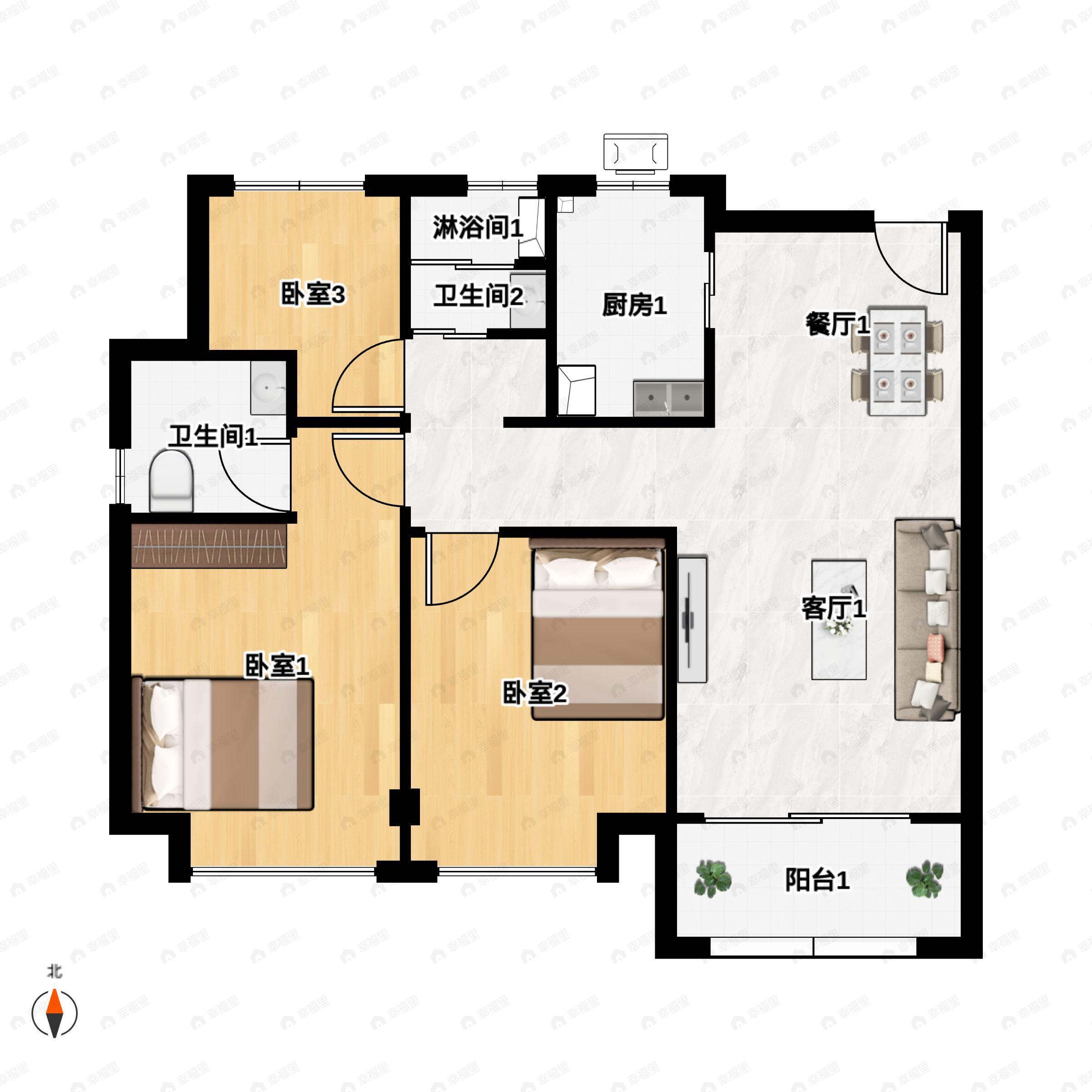 3室2厅2卫建面89m²南户型图