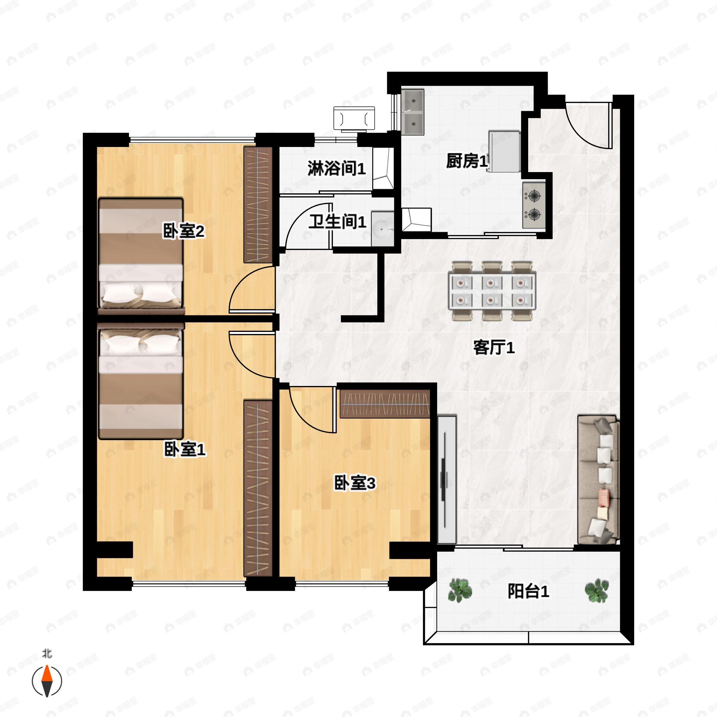 3室2厅1卫建面85平户型图