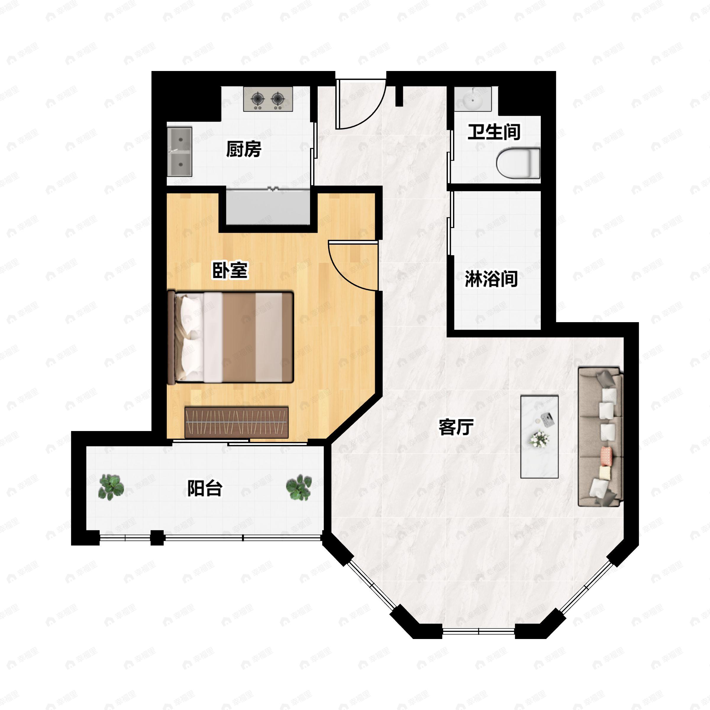 1室1厅1卫建面61平户型图