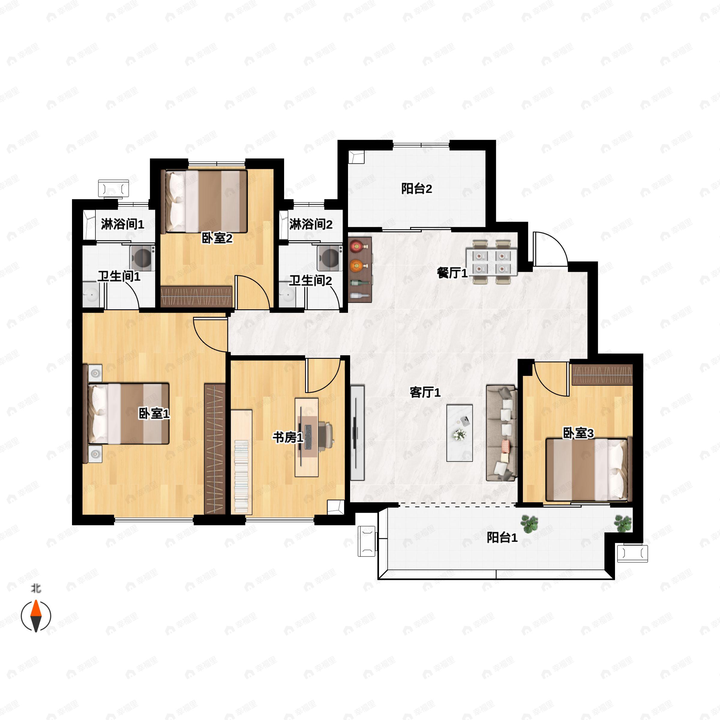 4室2厅2卫建面143平北|南户型图