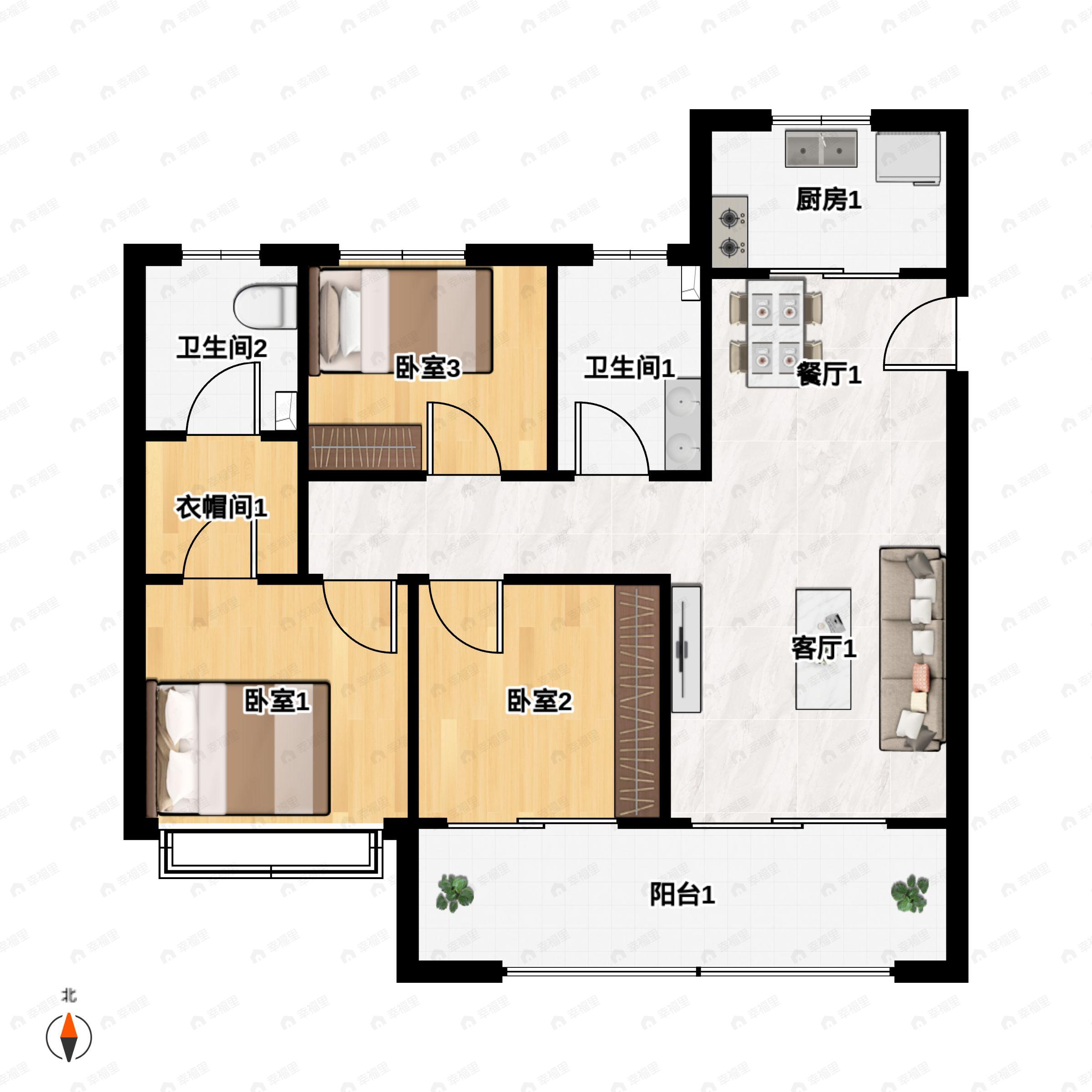 3室2厅2卫建面105平户型图