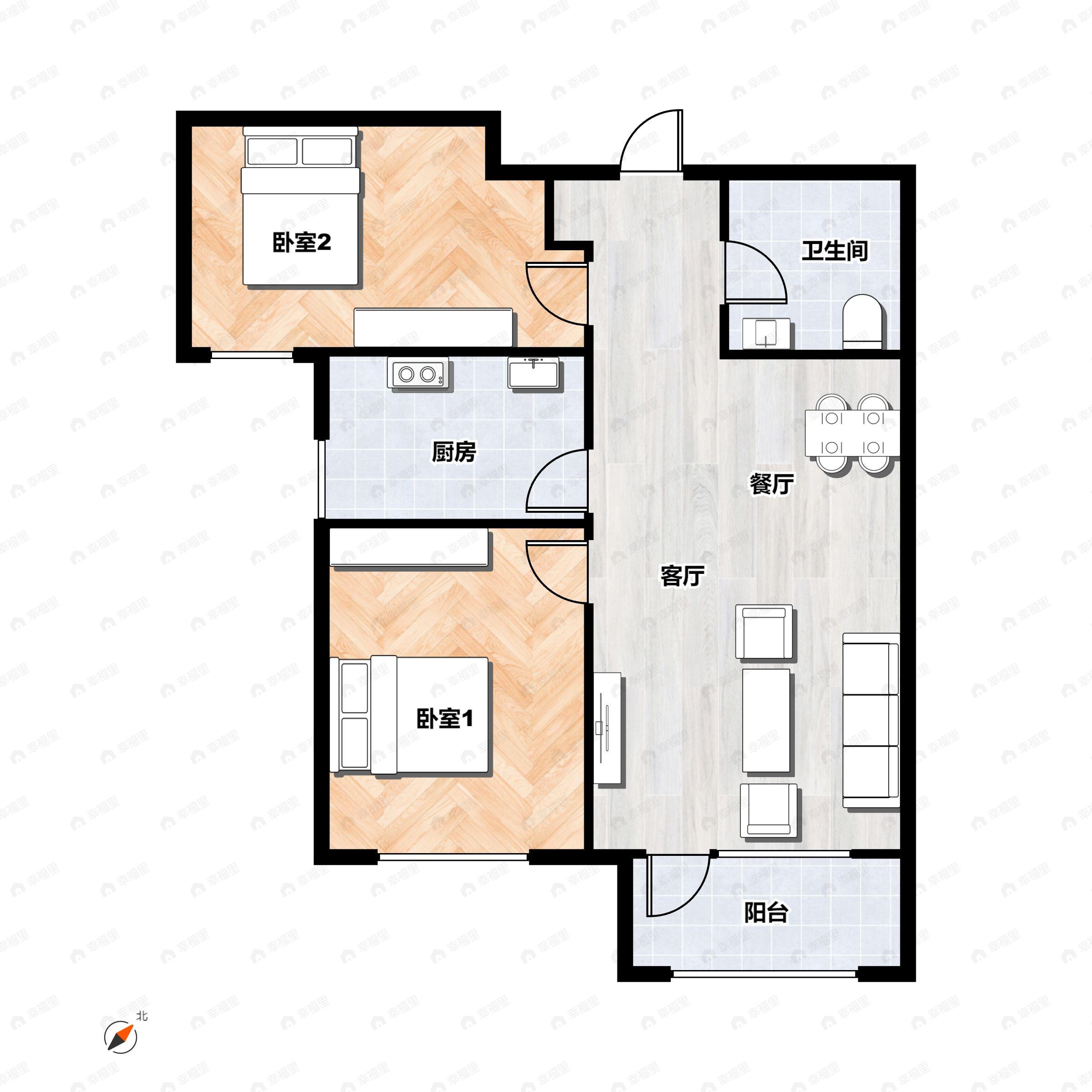 2室2厅1卫建面84m²南户型图