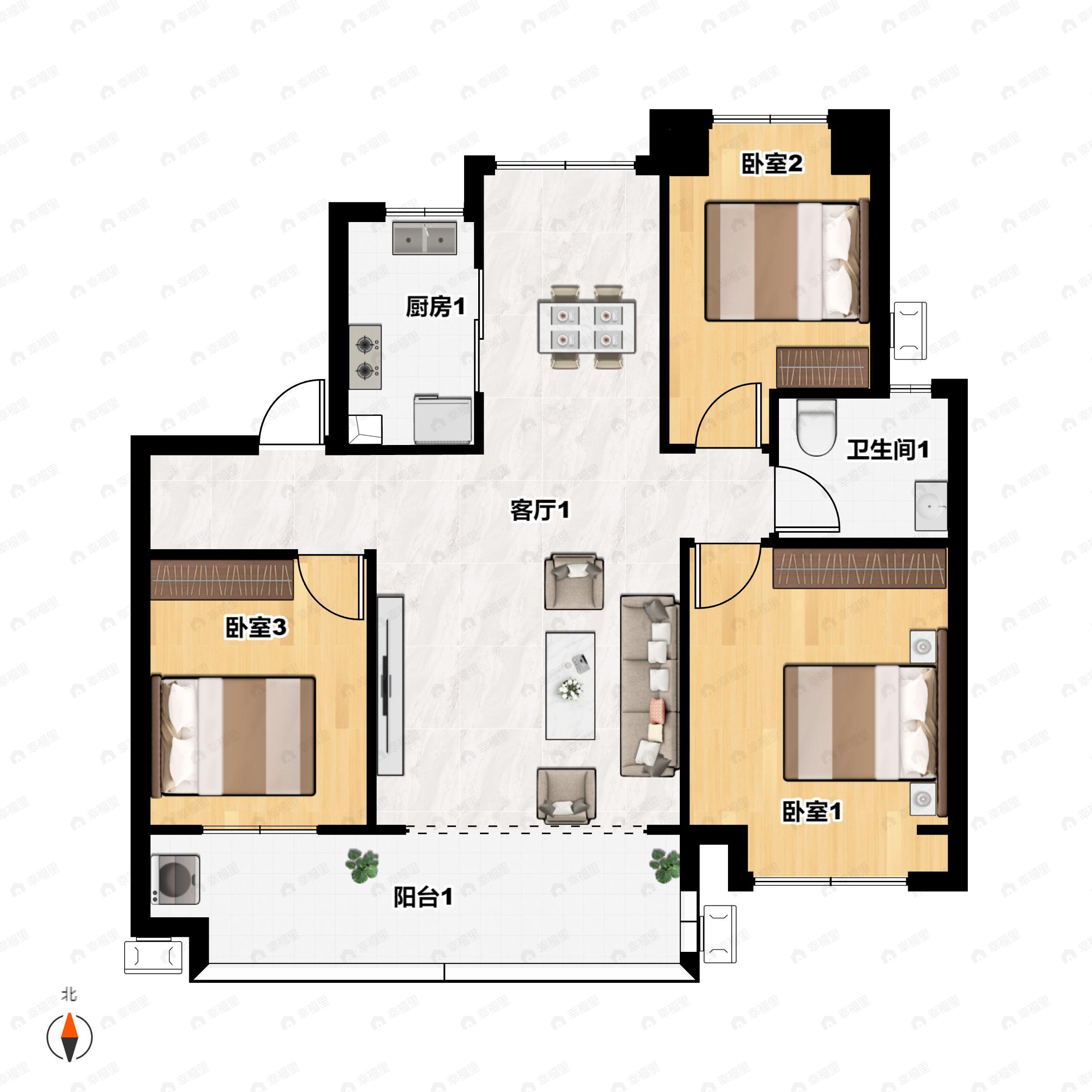 3室2厅1卫建面107平户型图