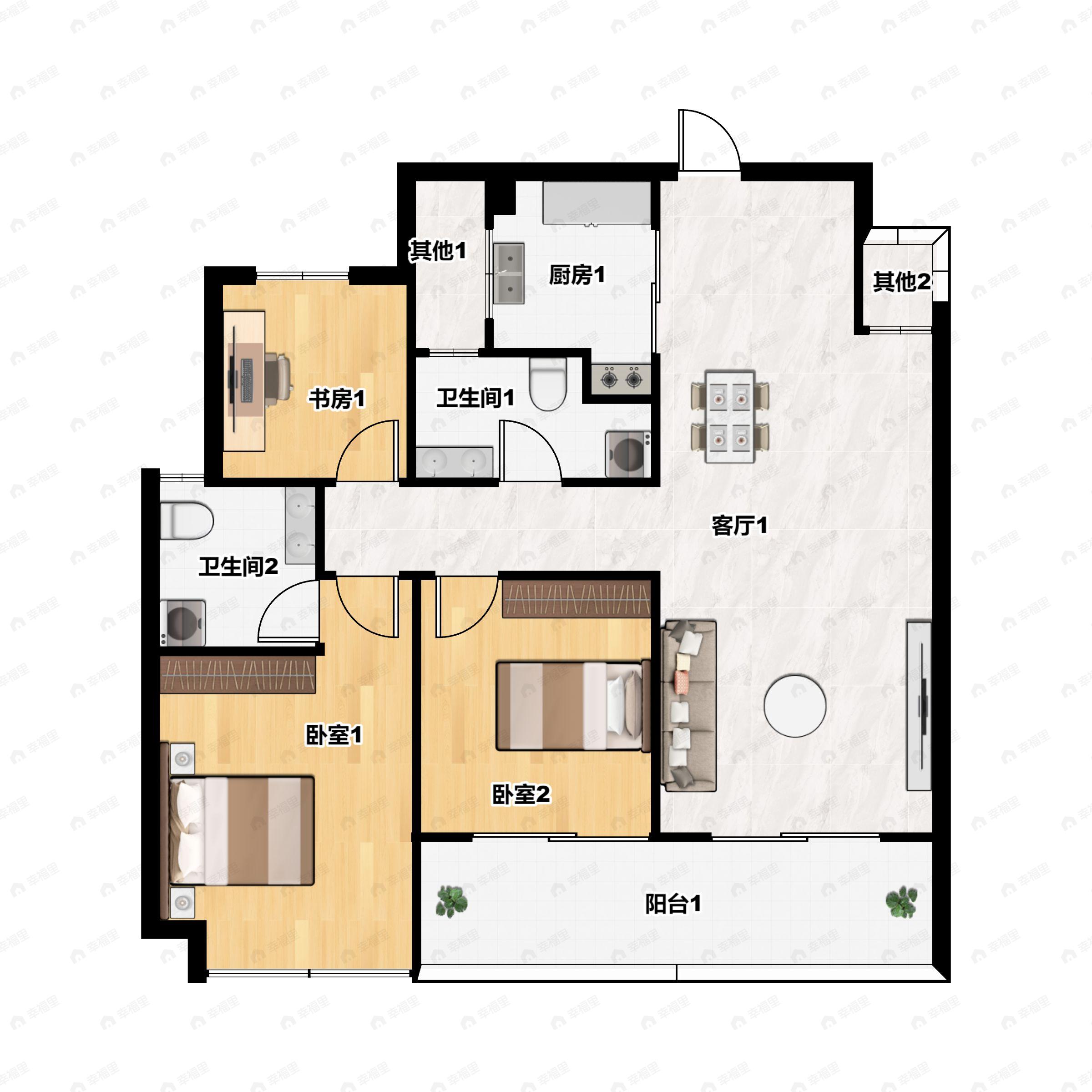 3室2厅2卫建面89m²南户型图