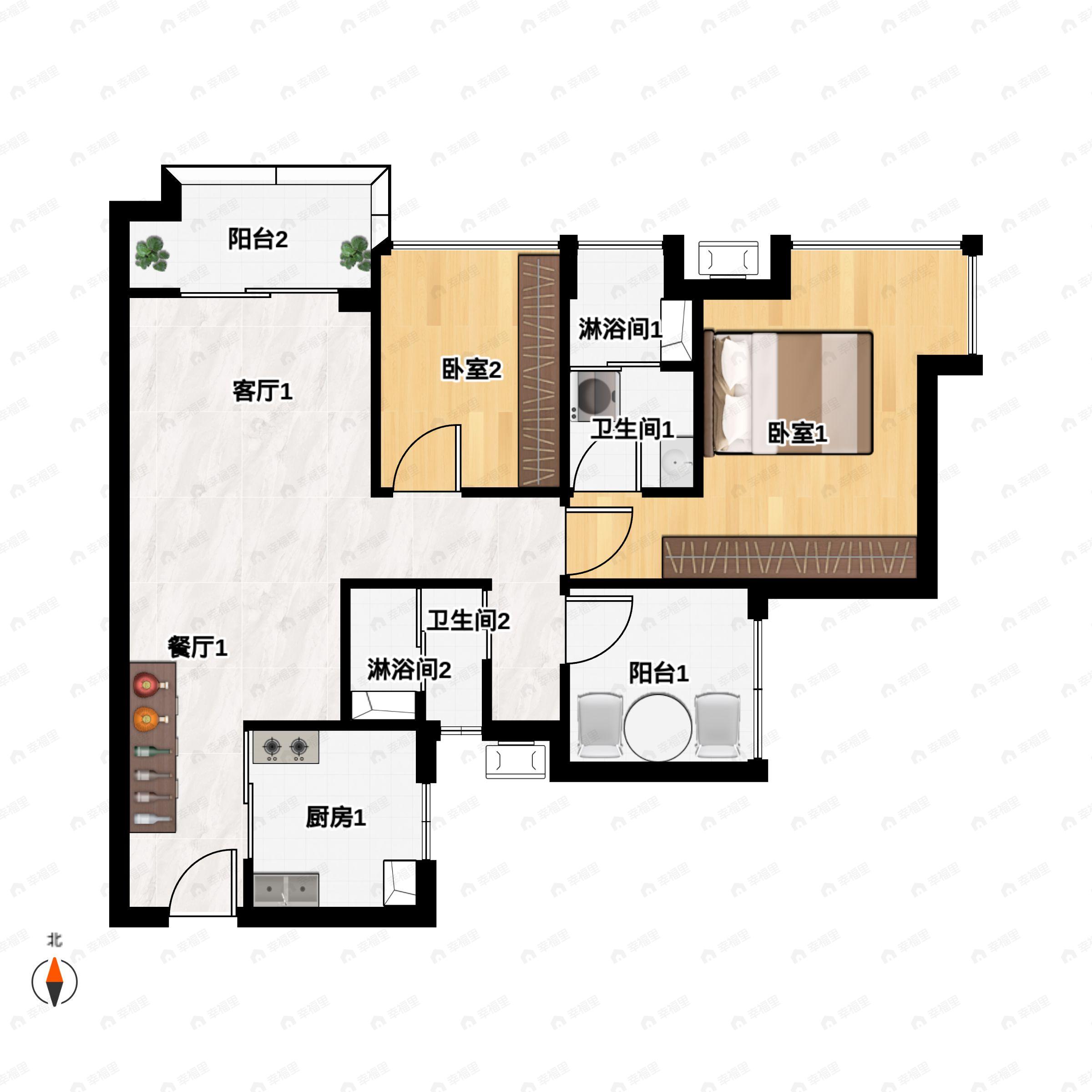 2室2厅2卫建面75平户型图