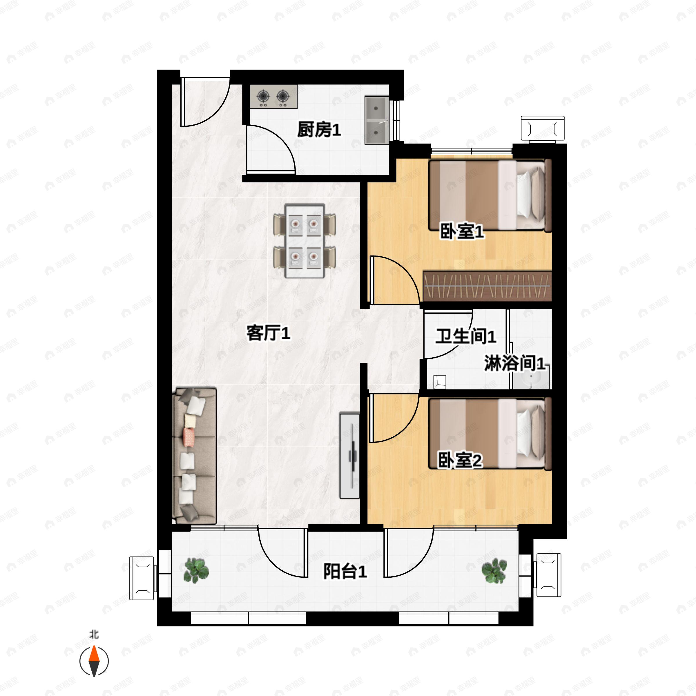 2室2厅1卫建面92m²南|北户型图