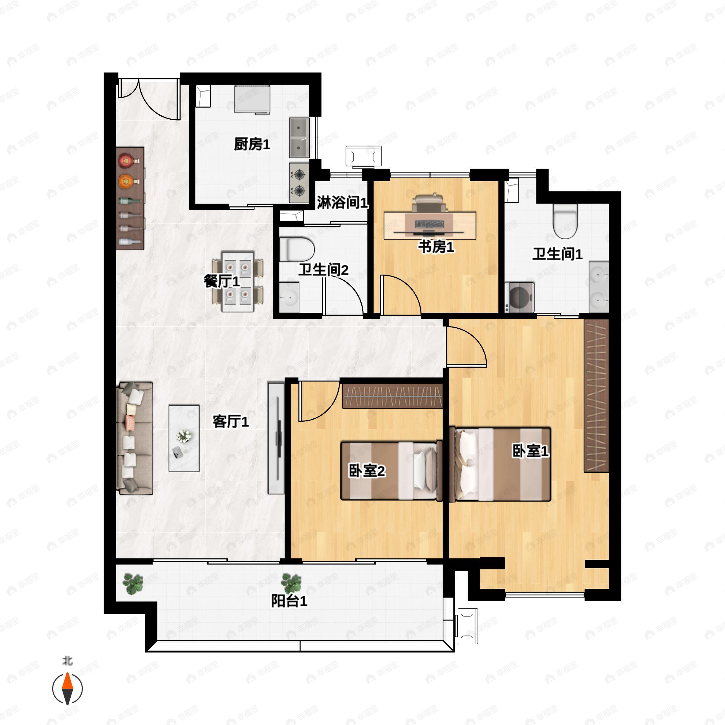 3室2厅2卫建面99平北|南户型图