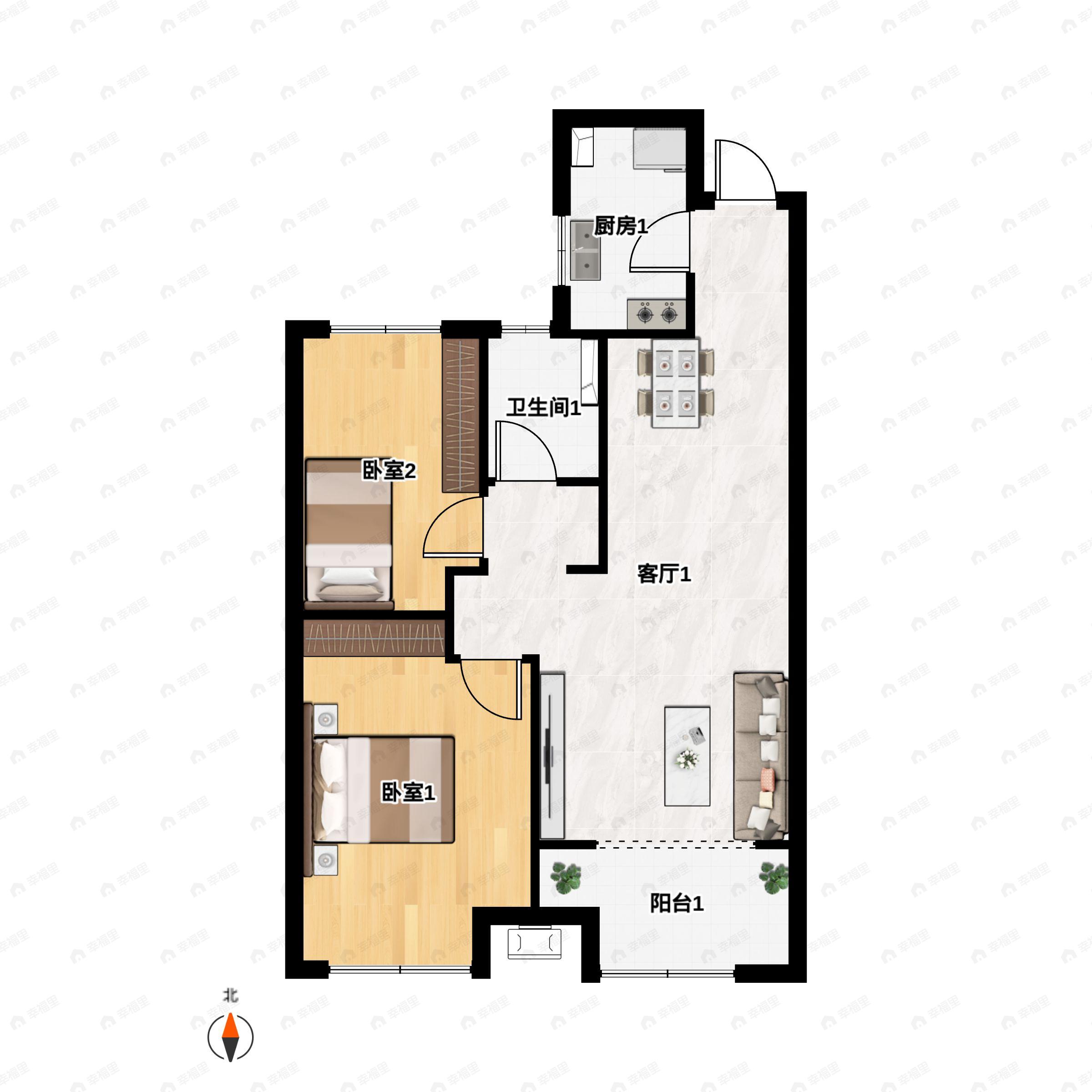 2室2厅1卫建面88m²南|北户型图