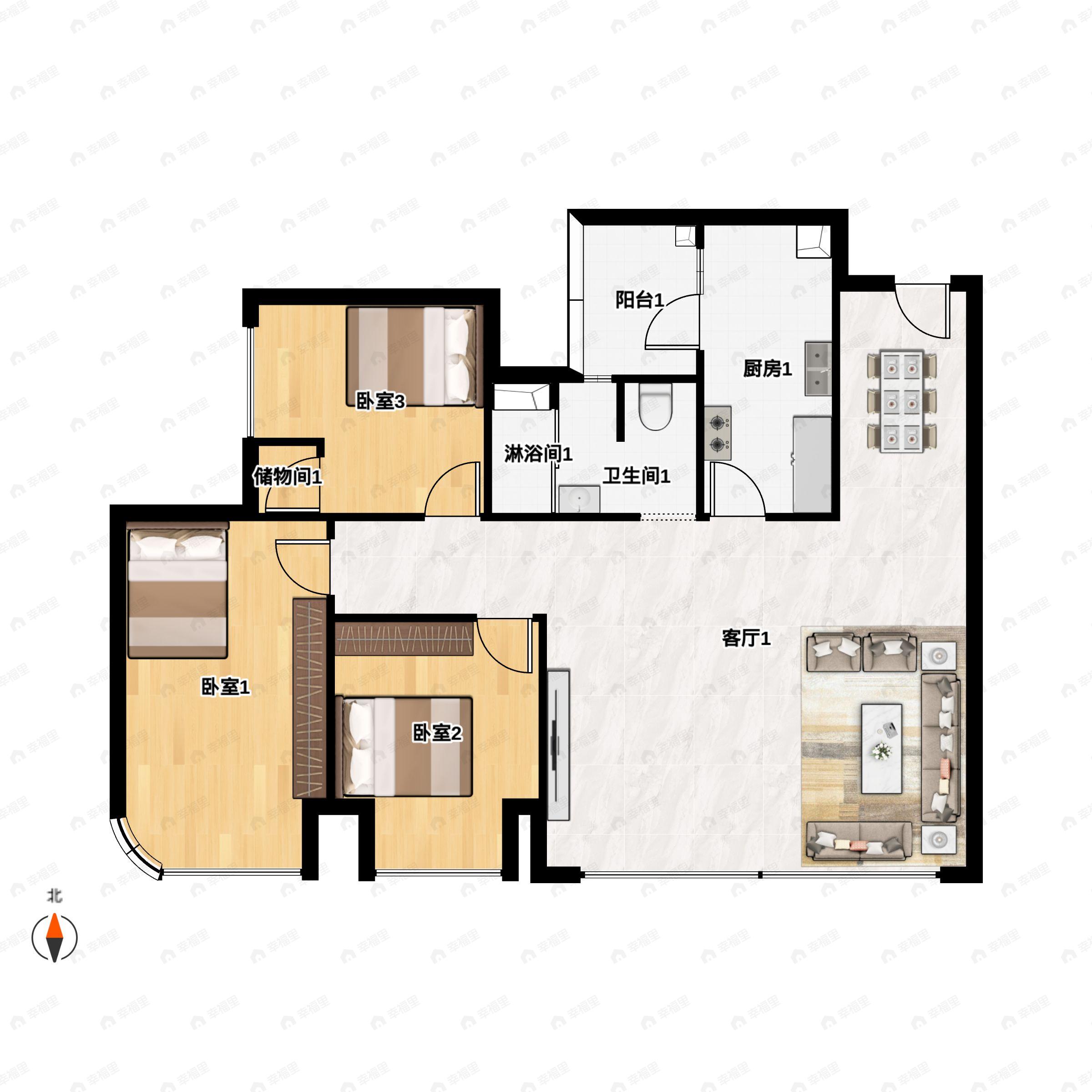 3室2厅1卫建面87平户型图