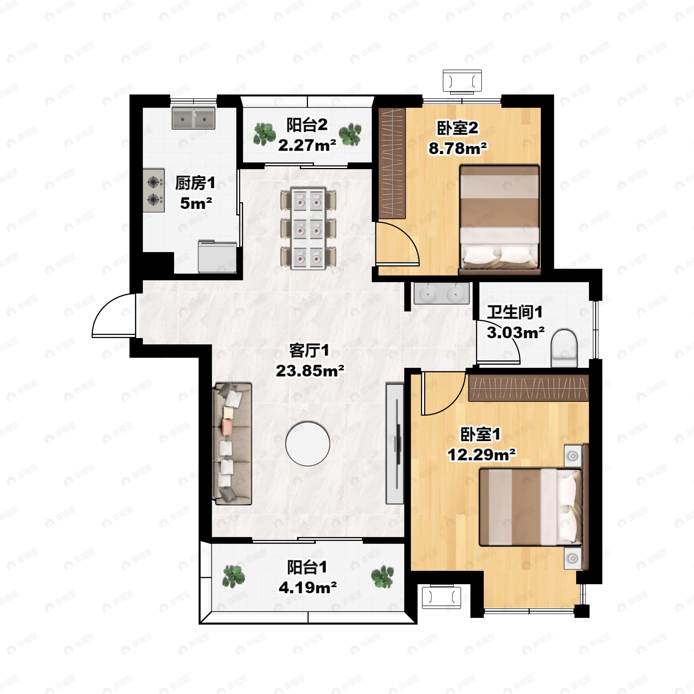 2室2厅1卫建面107平户型图