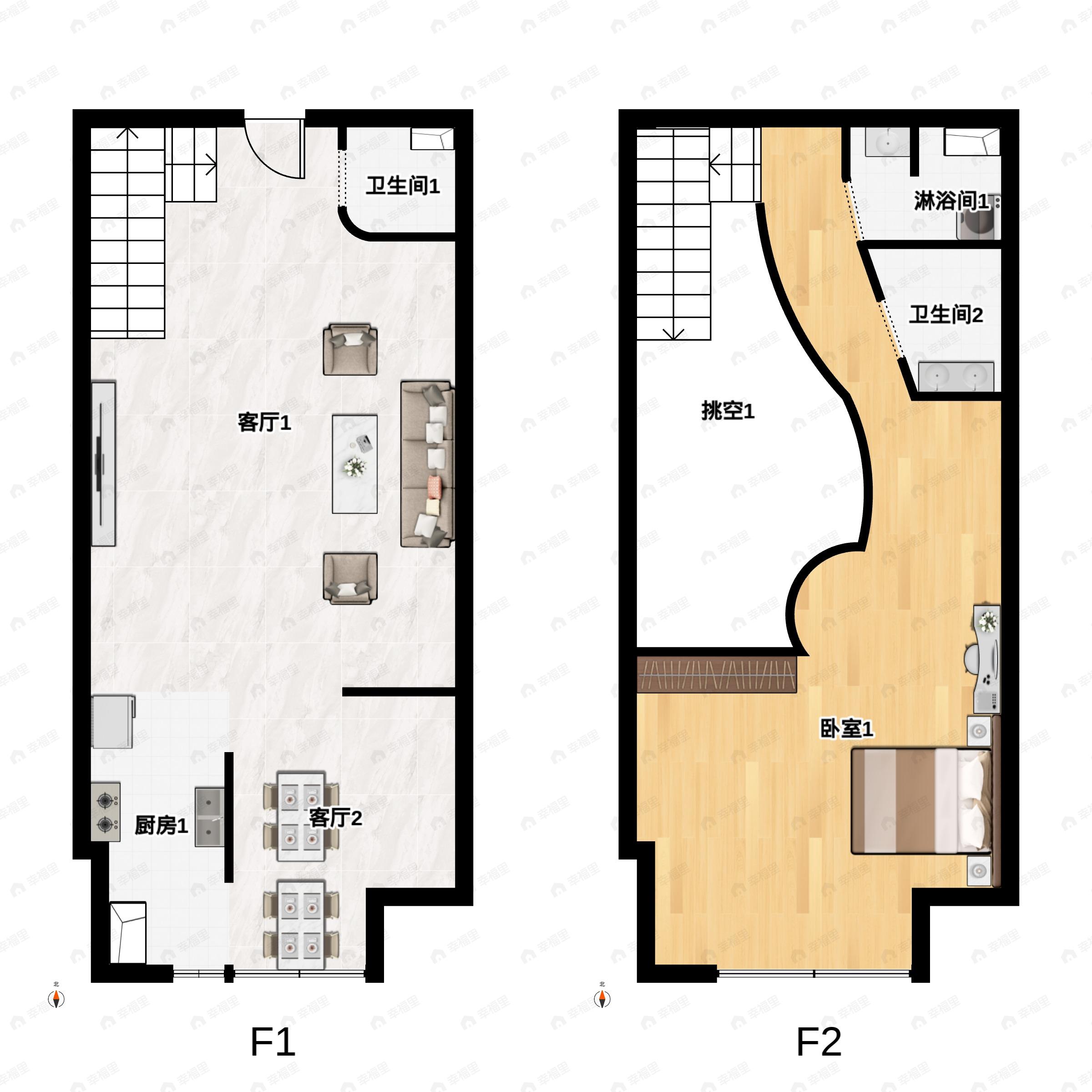 2室2厅2卫建面51平户型图