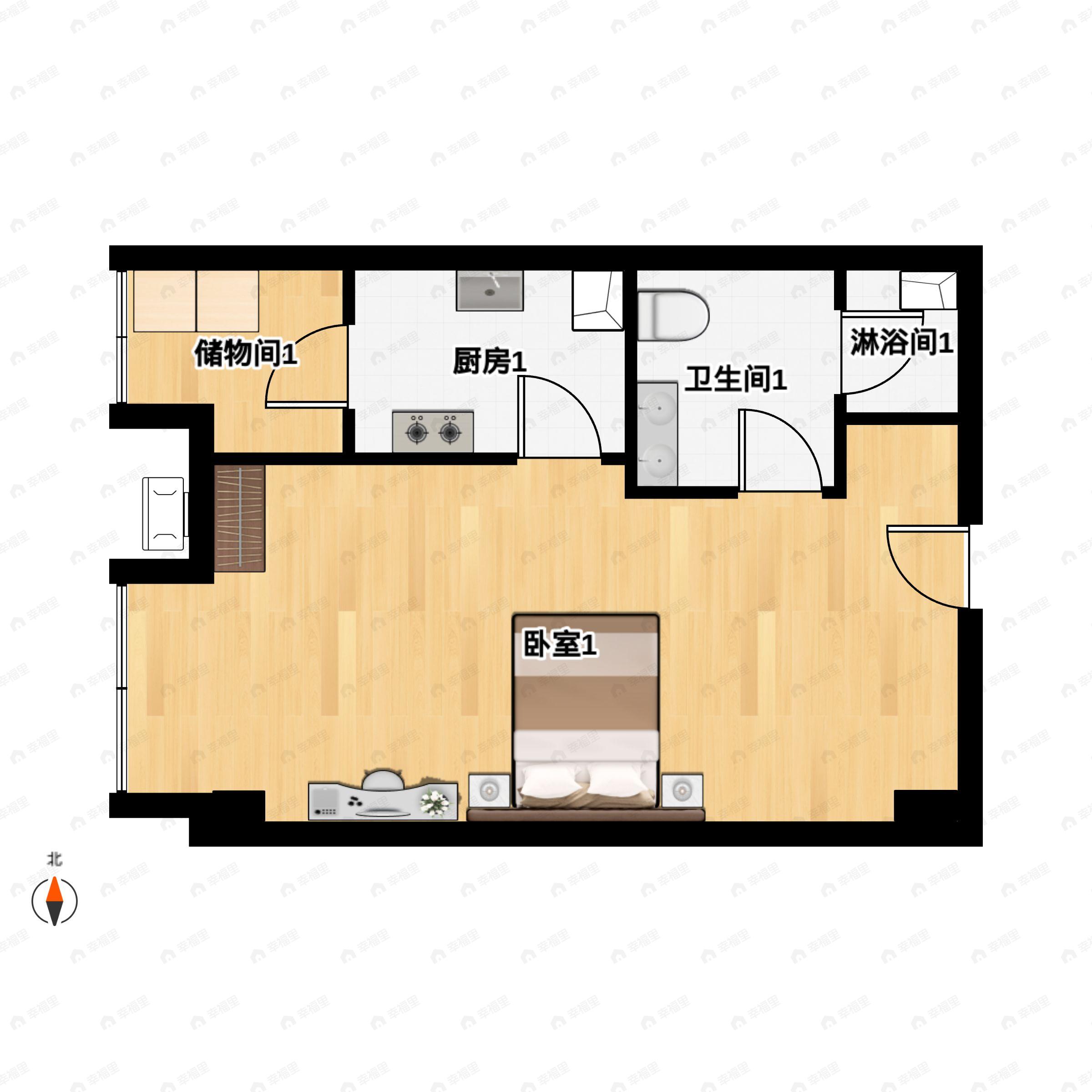 1室1厅1卫建面48平南户型图