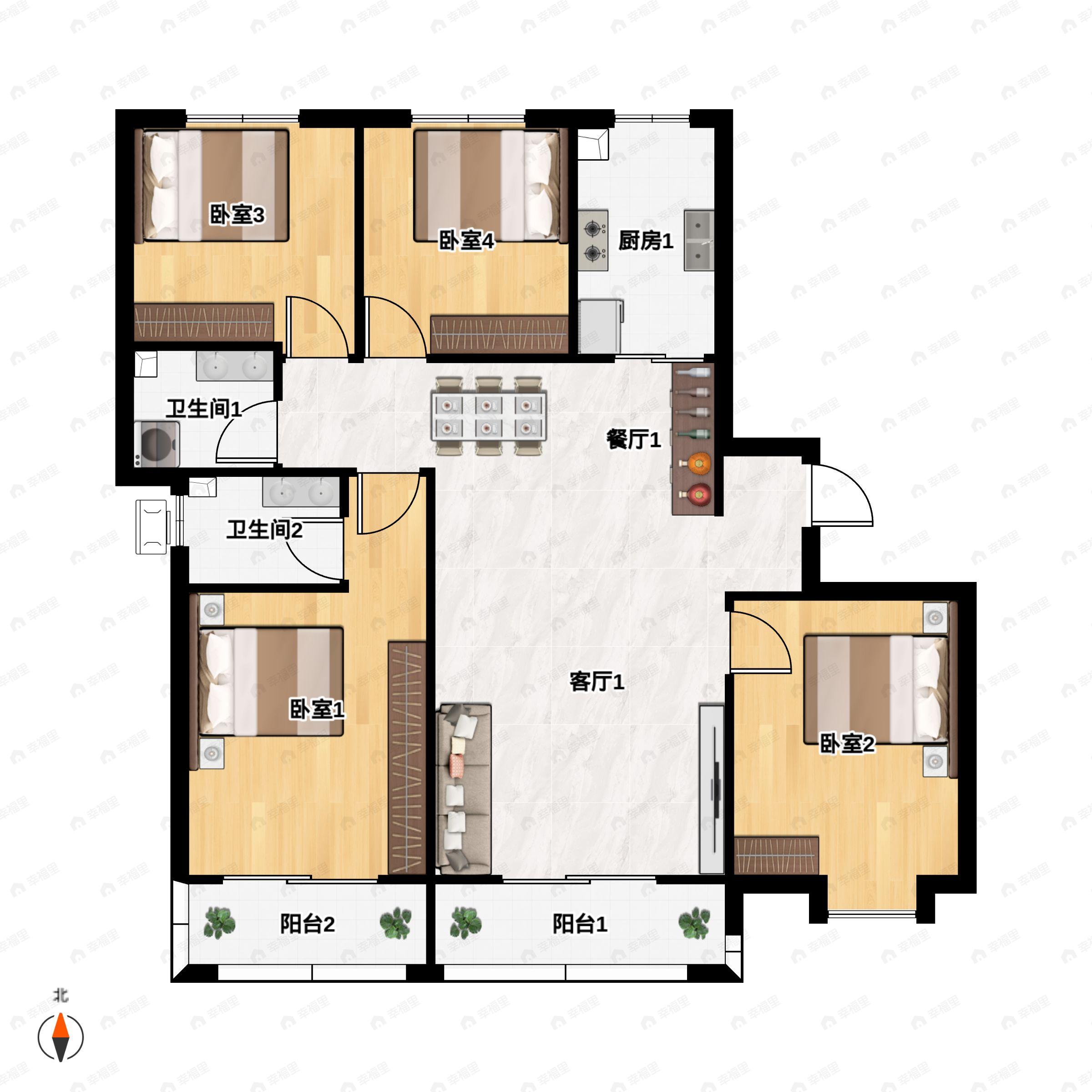4室2厅2卫建面161平南|北户型图