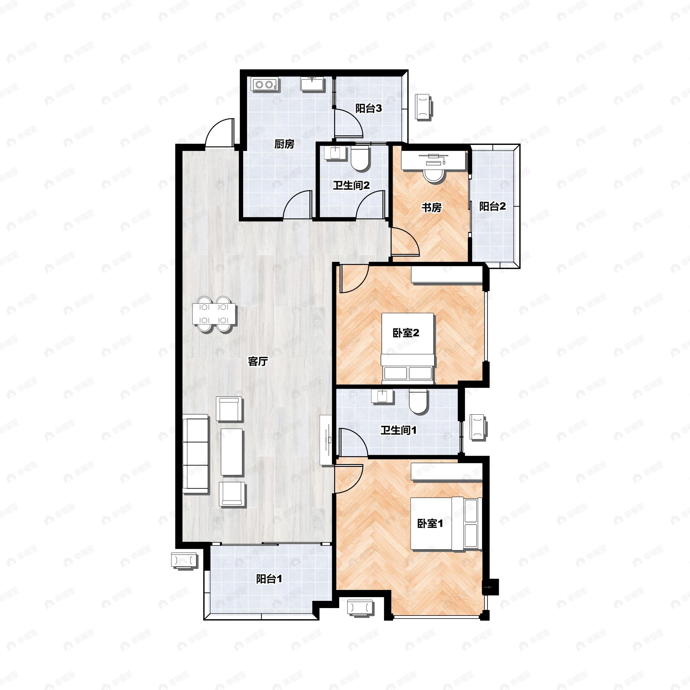 3室2厅2卫建面108平南户型图