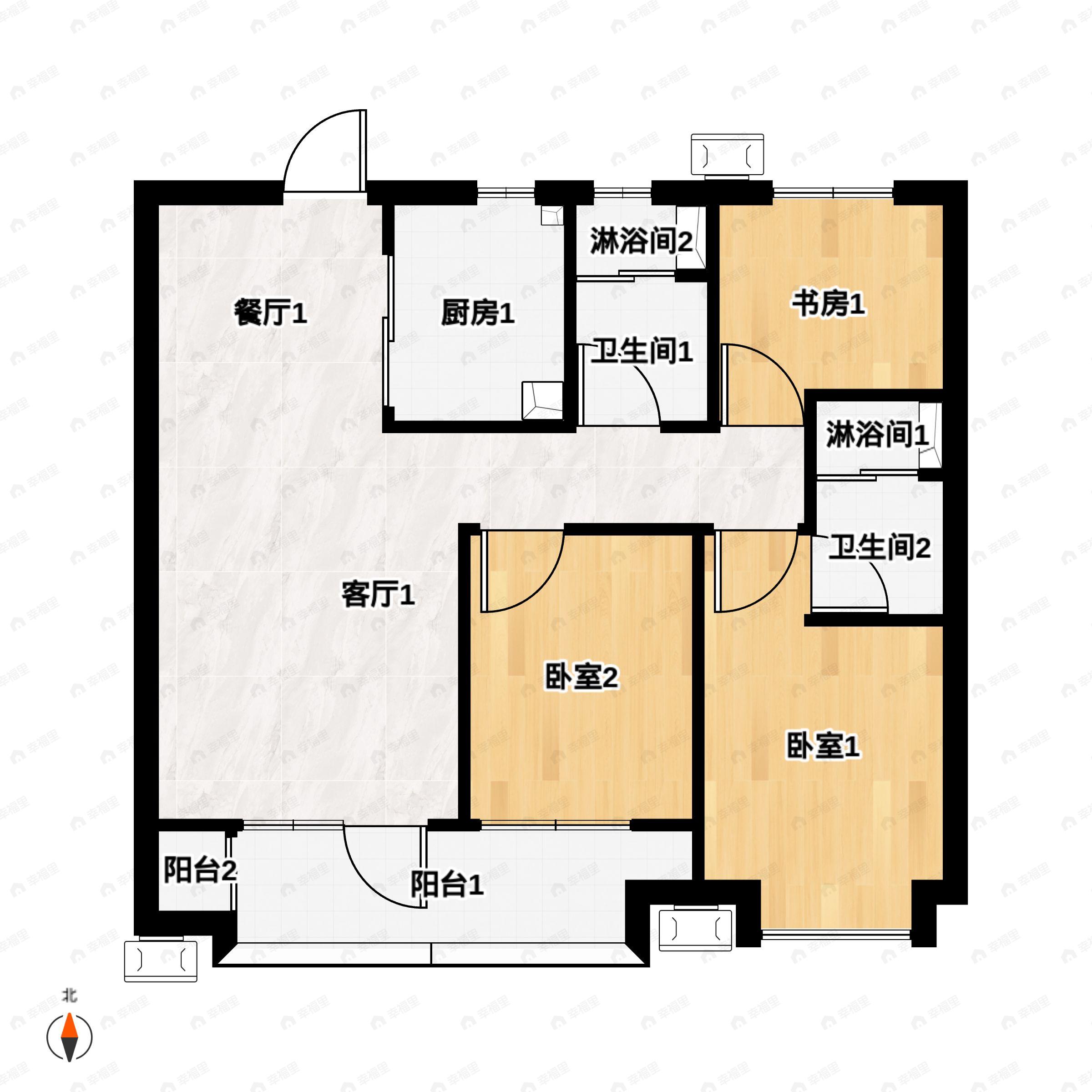 3室2厅2卫建面107平户型图