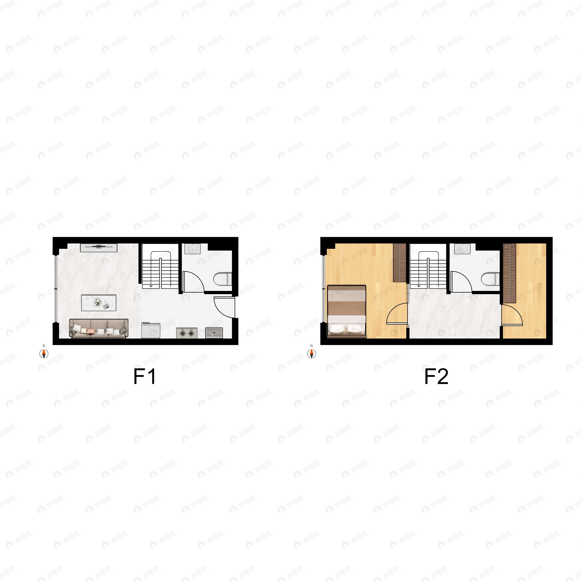 1室2厅2卫建面37平东|南|西|北户型图