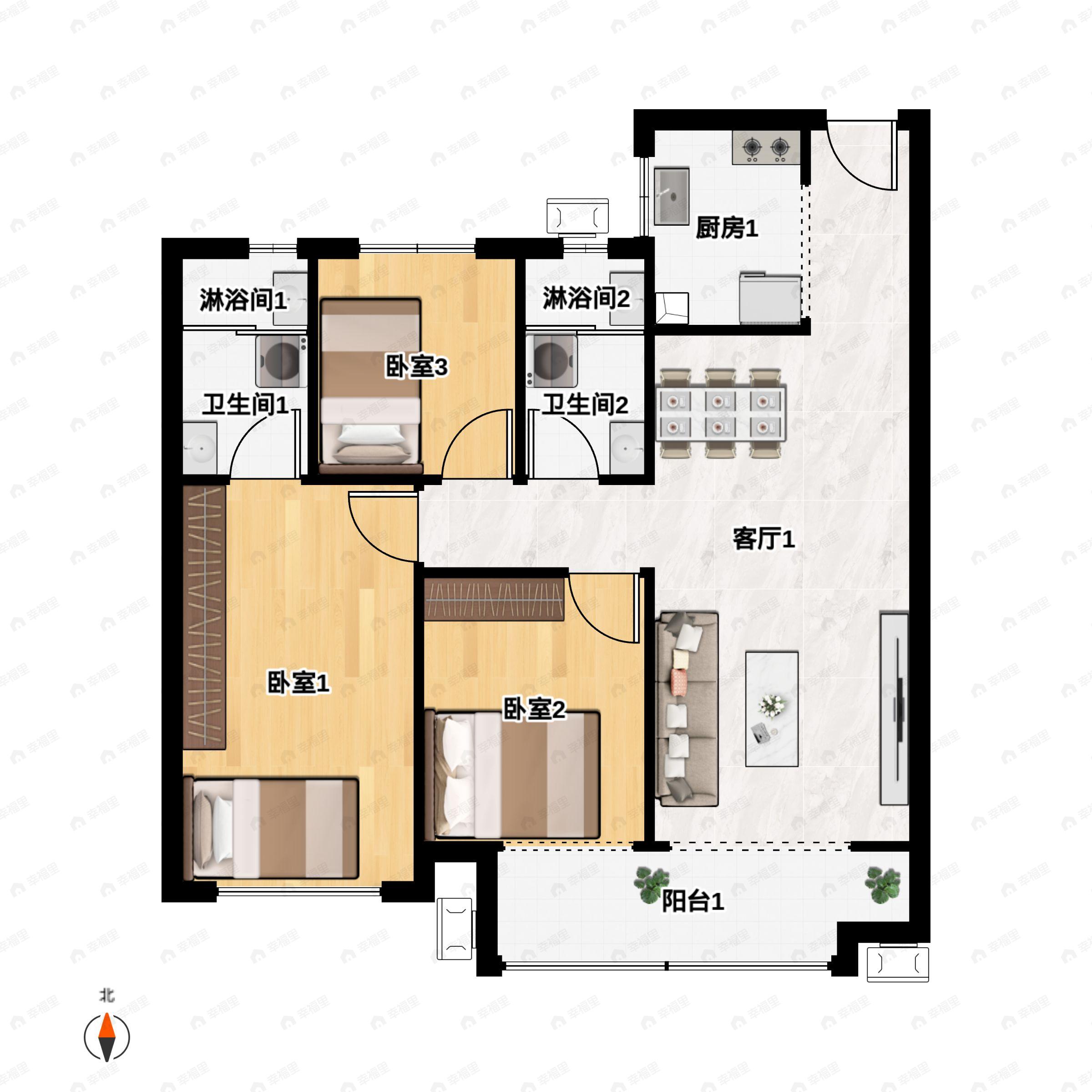 3室2厅2卫建面113m²南|北户型图