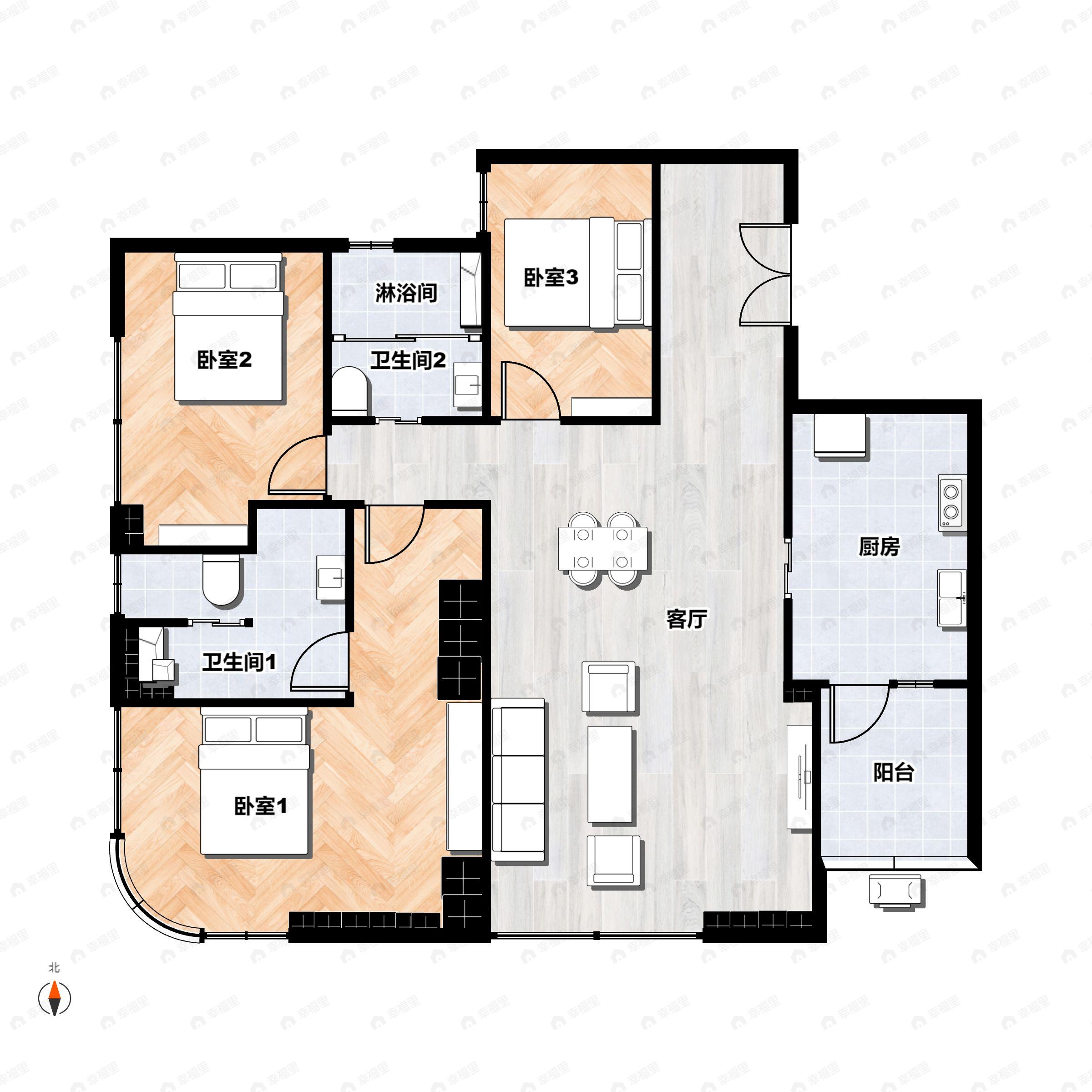 3室2厅2卫建面145平南|东南|西南户型图