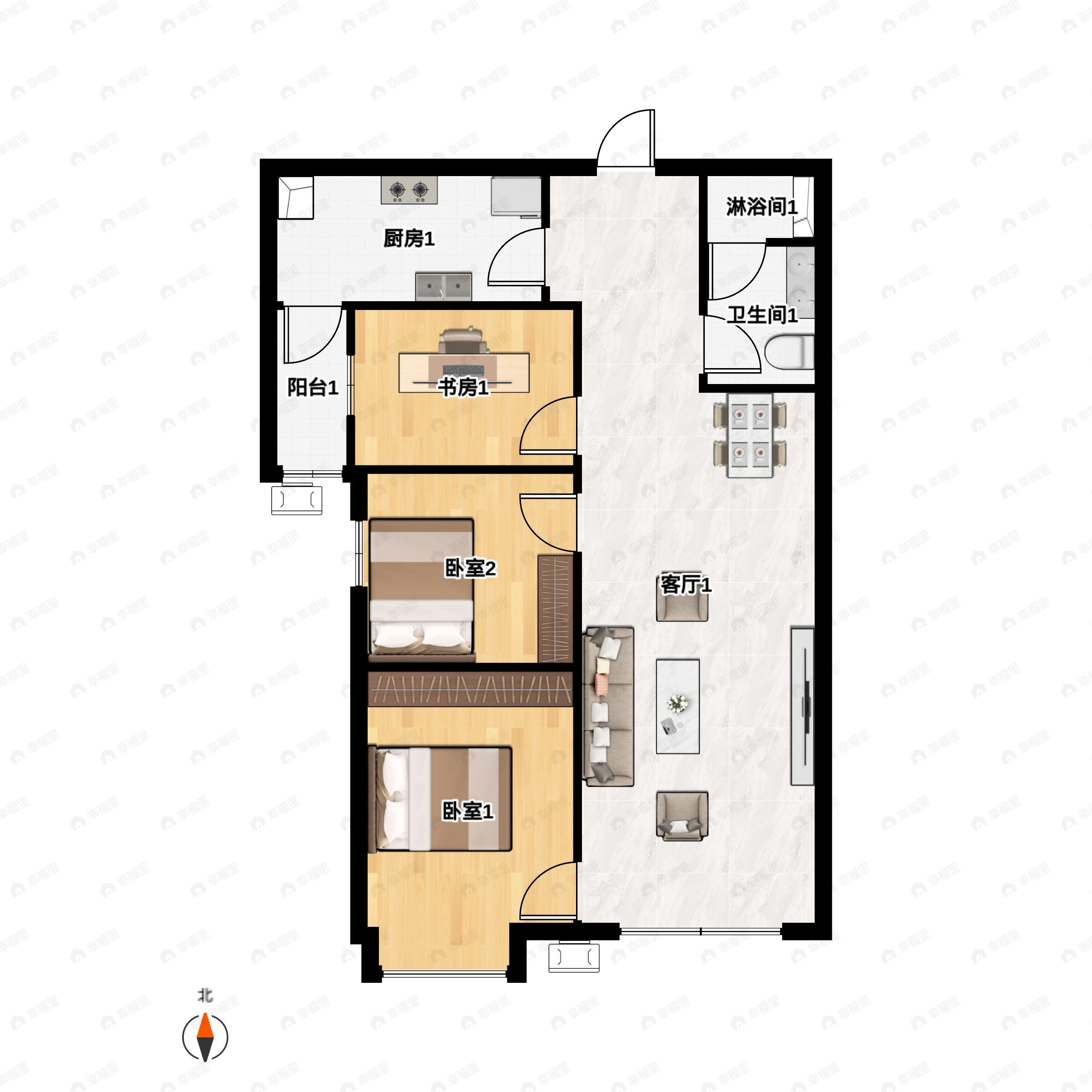 2室2厅1卫建面88平户型图