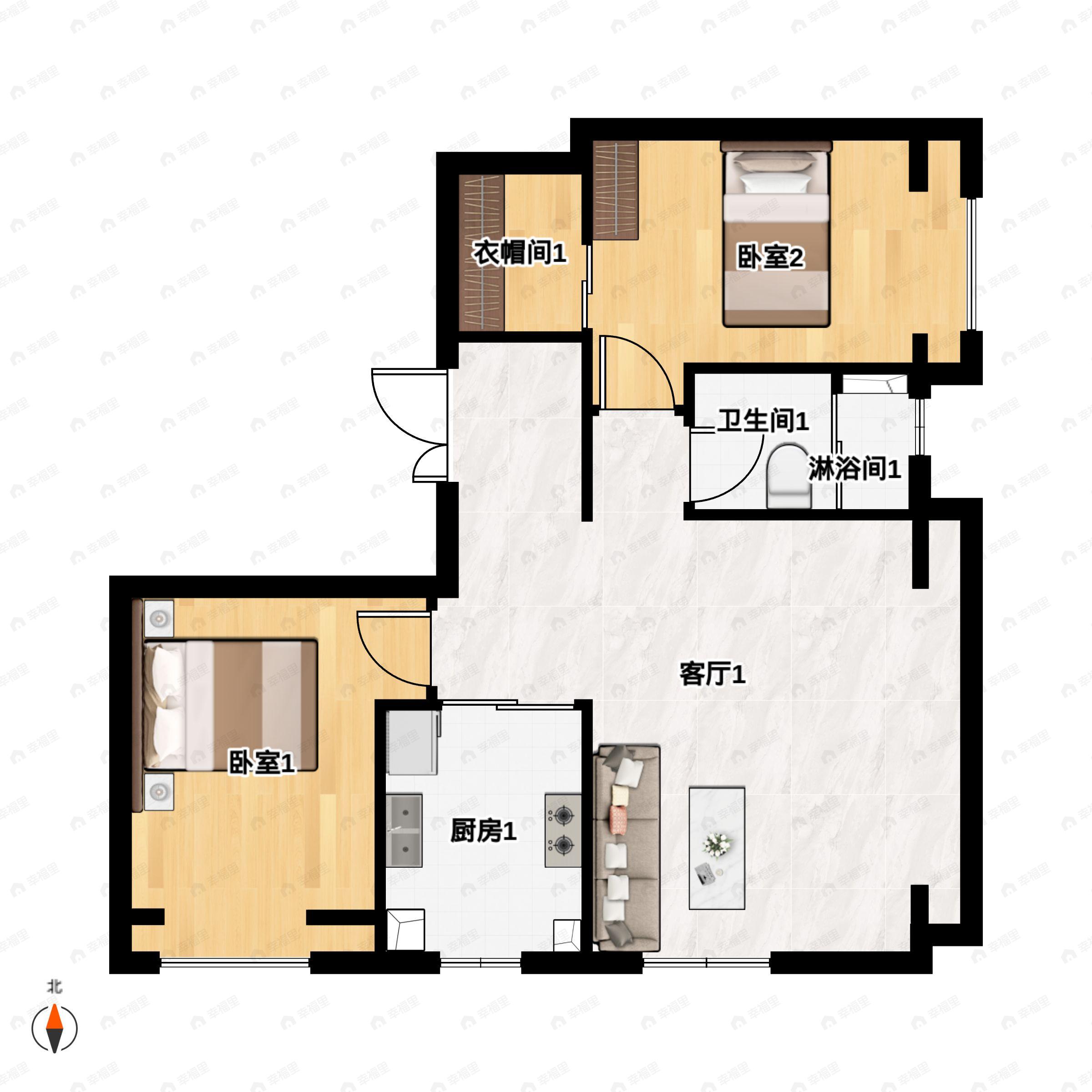 2室2厅1卫建面88m²南|东户型图