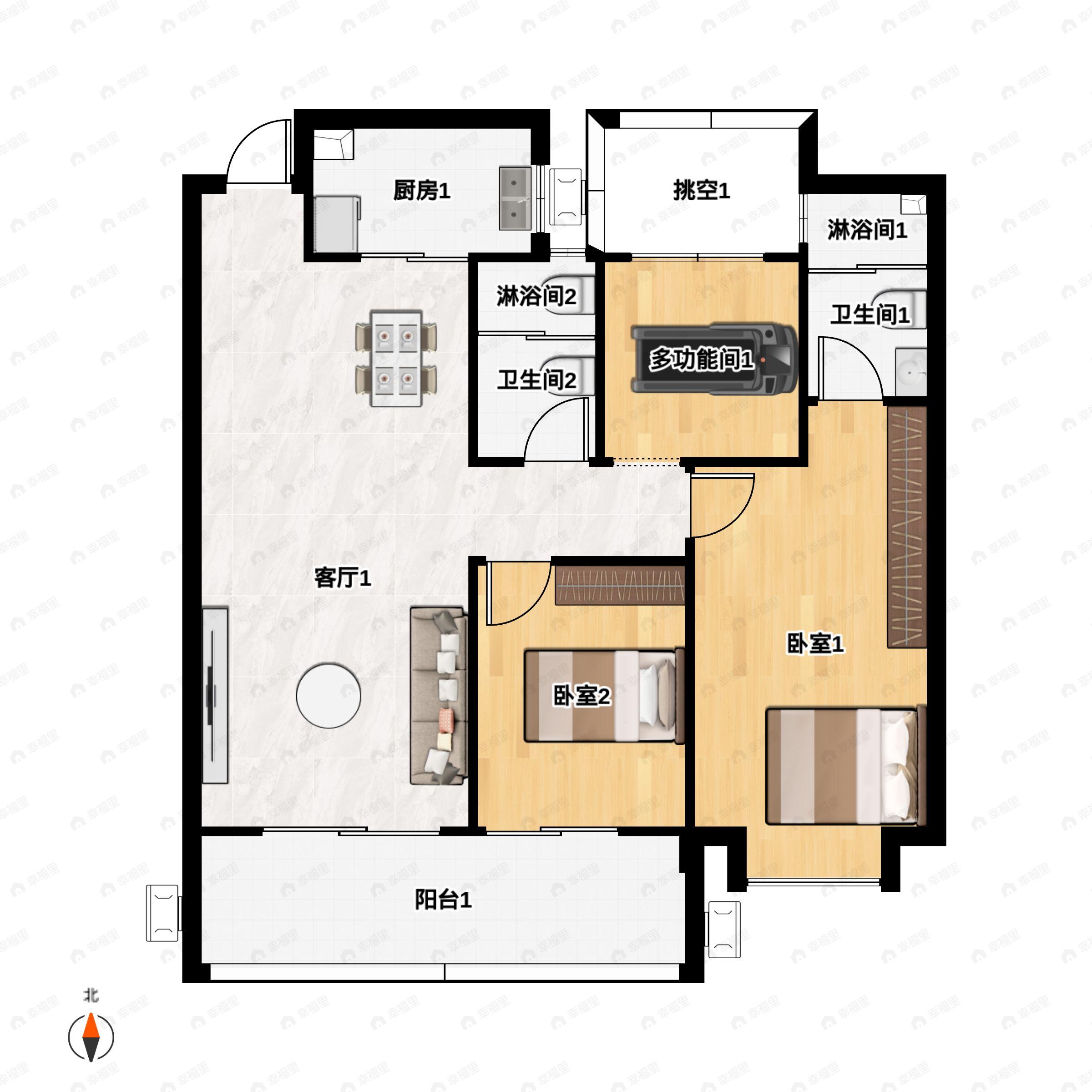 2室2厅2卫建面105平户型图