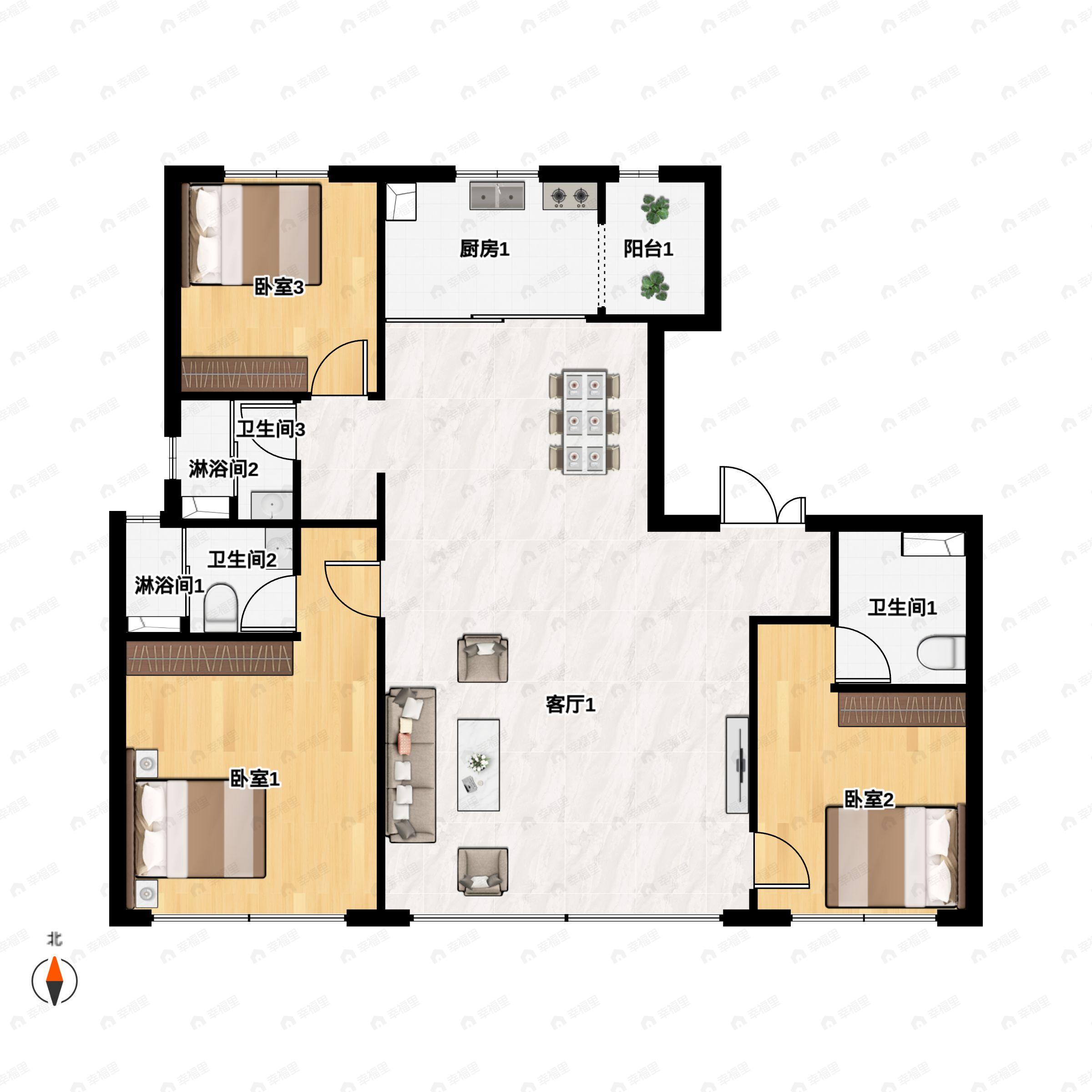3室2厅3卫建面143m²户型图