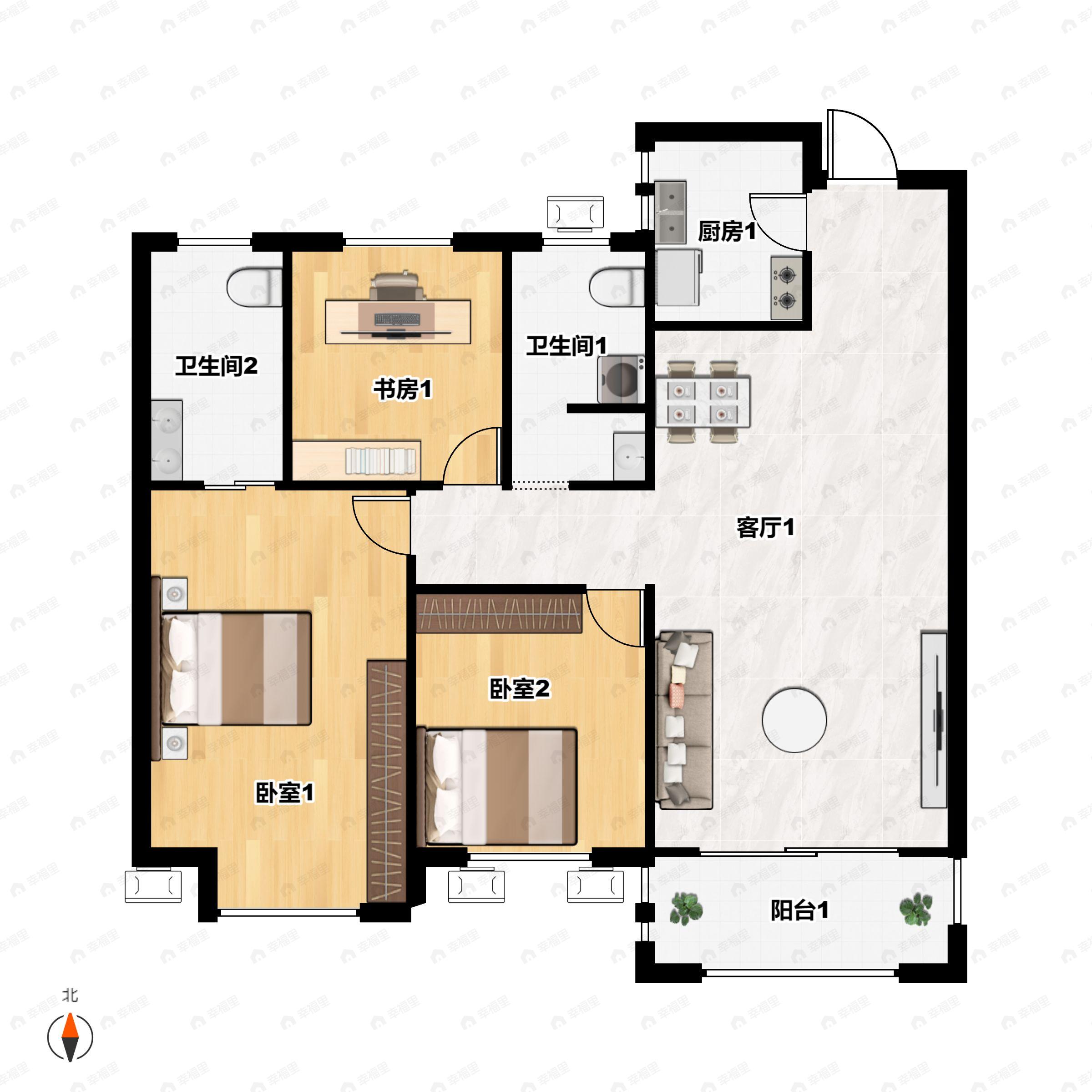3室2厅2卫建面113平南户型图