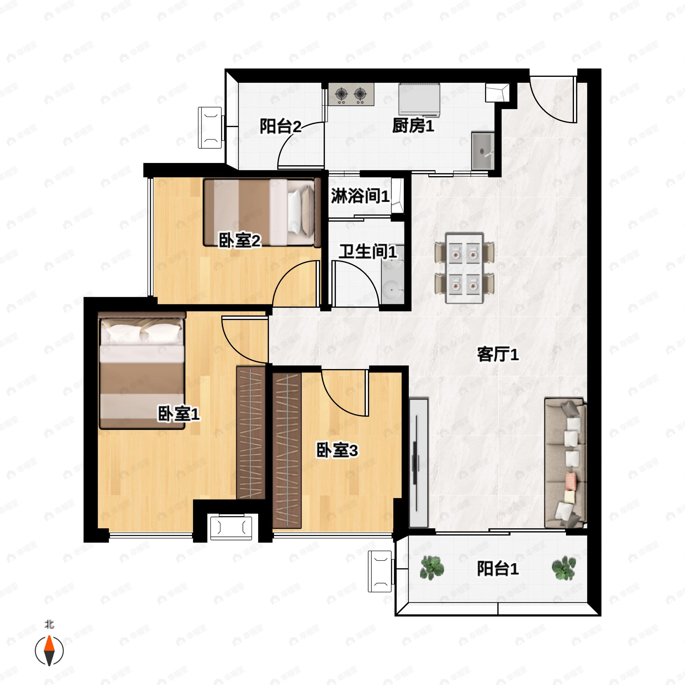 3室2厅1卫建面88平户型图