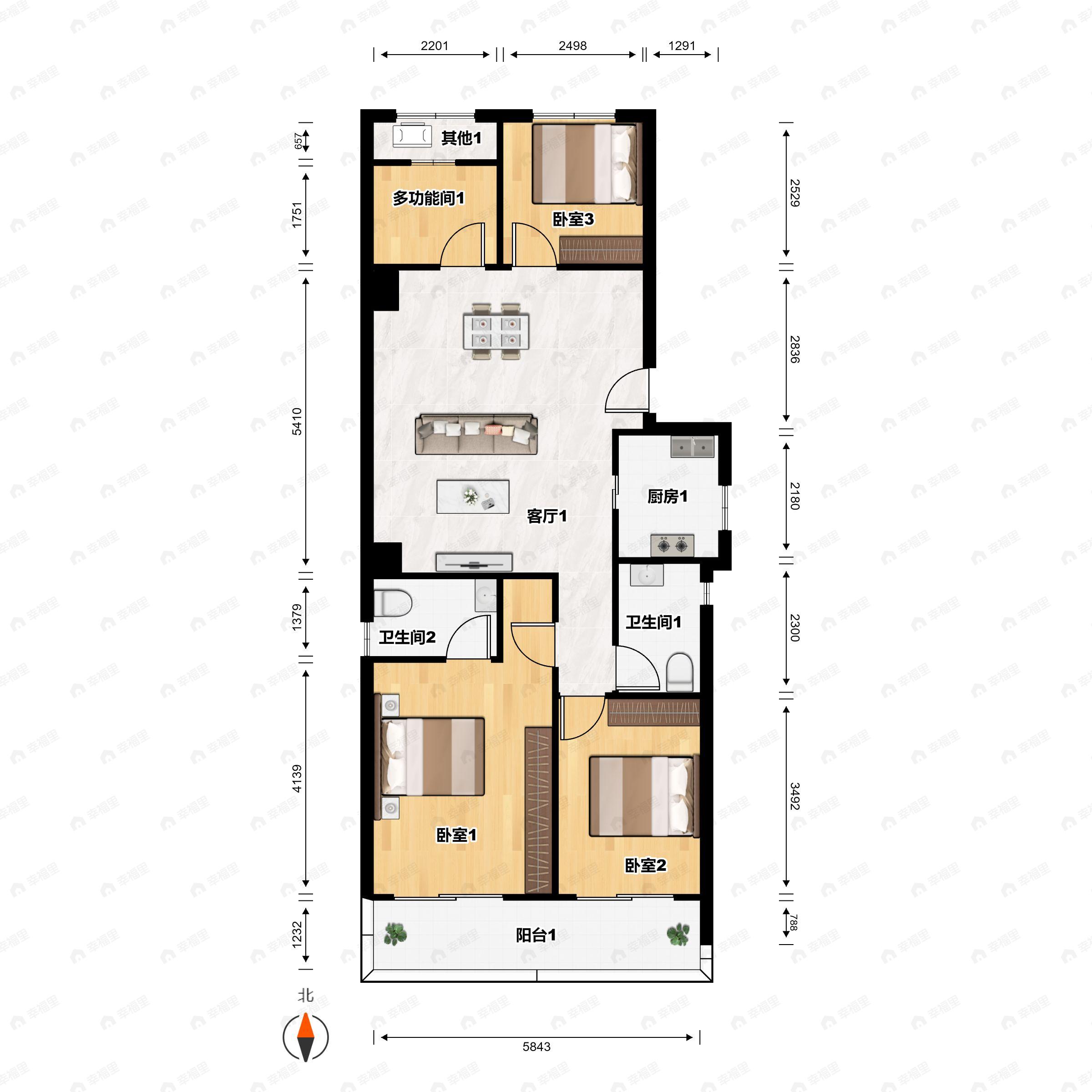 4室2厅2卫建面122平北|南户型图