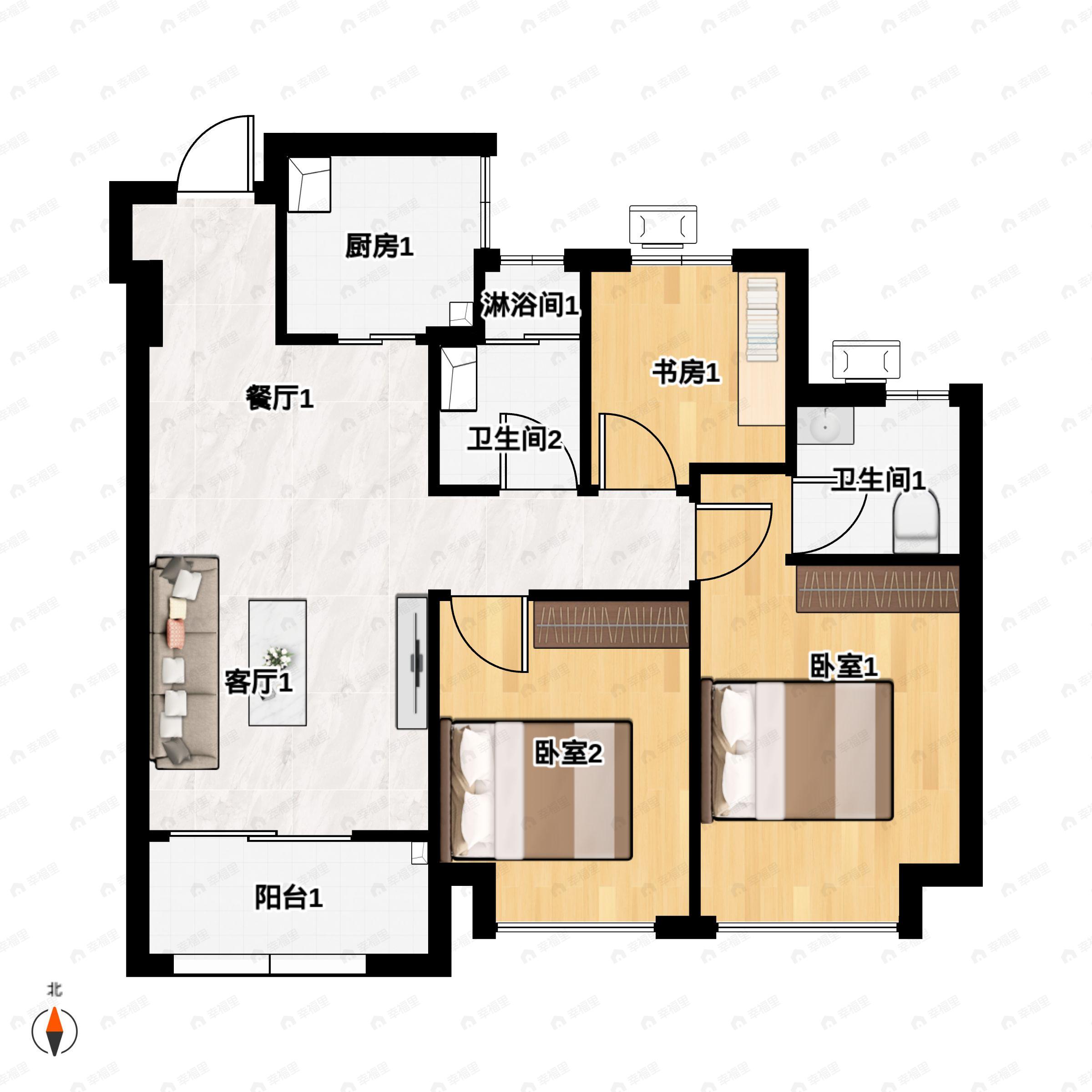 3室2厅2卫建面89平南户型图