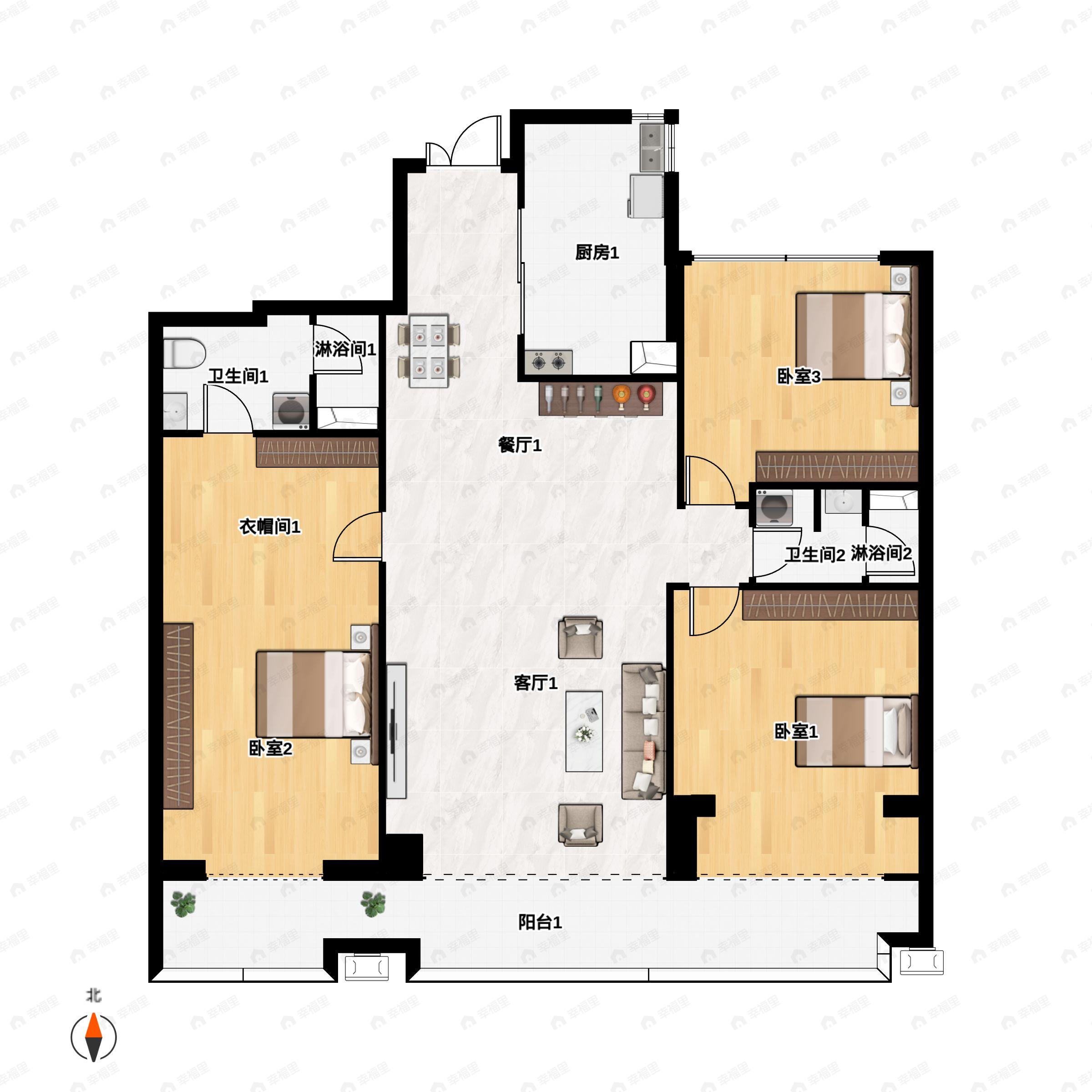 3室2厅2卫建面187m²南户型图
