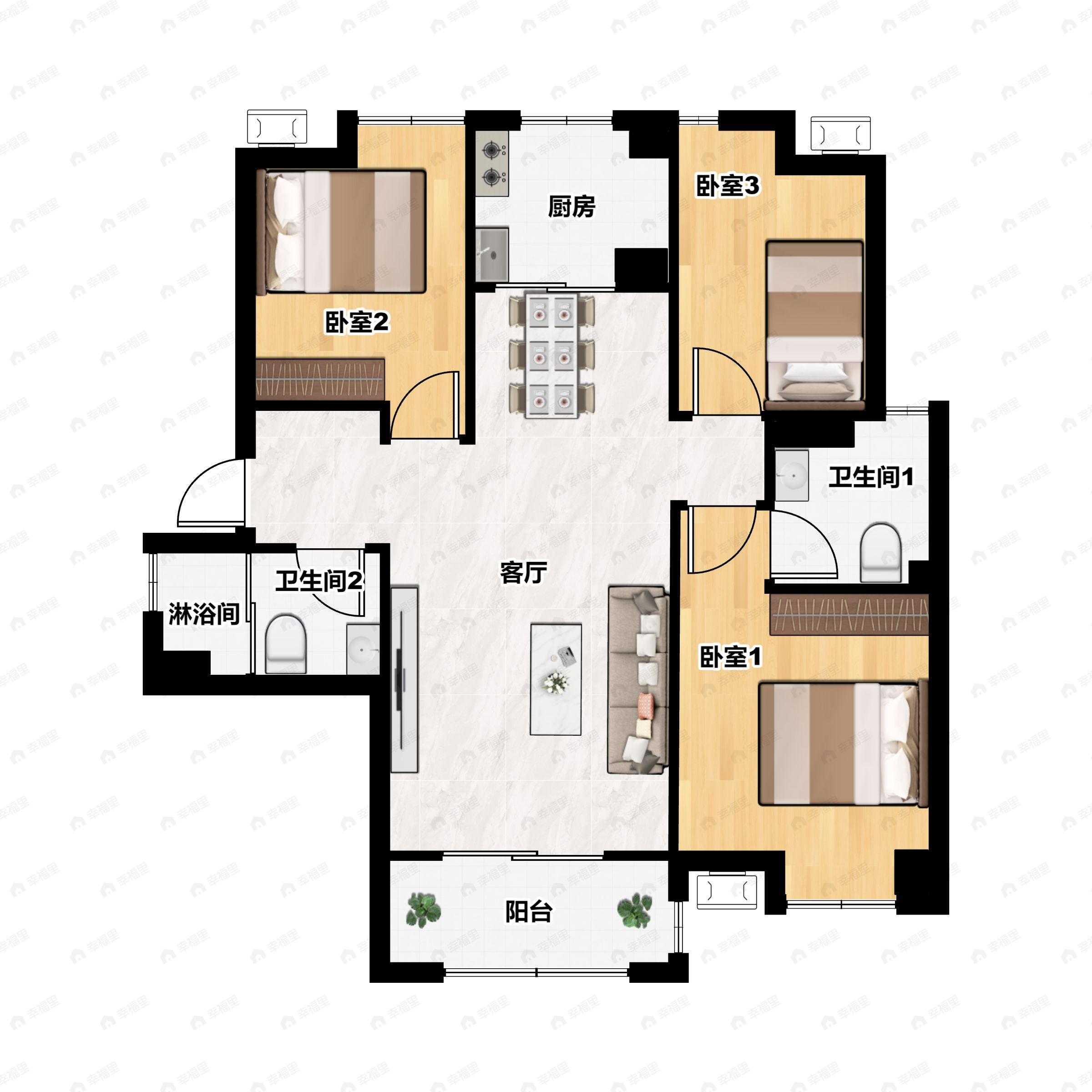 3室2厅2卫建面115平南|北户型图