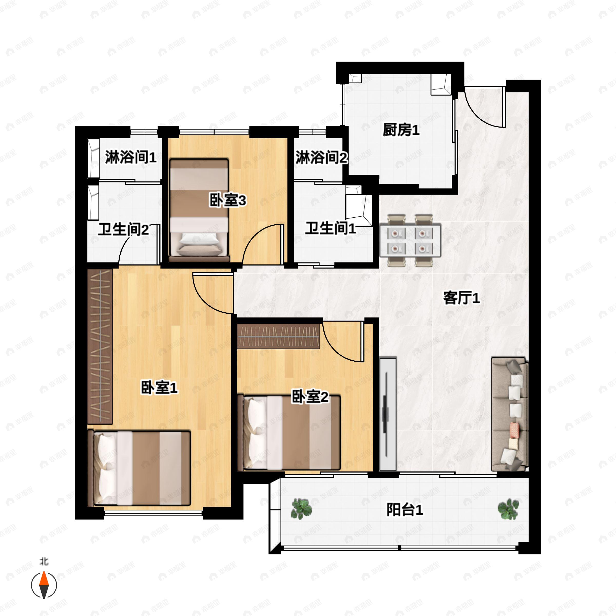 3室2厅2卫建面98平户型图