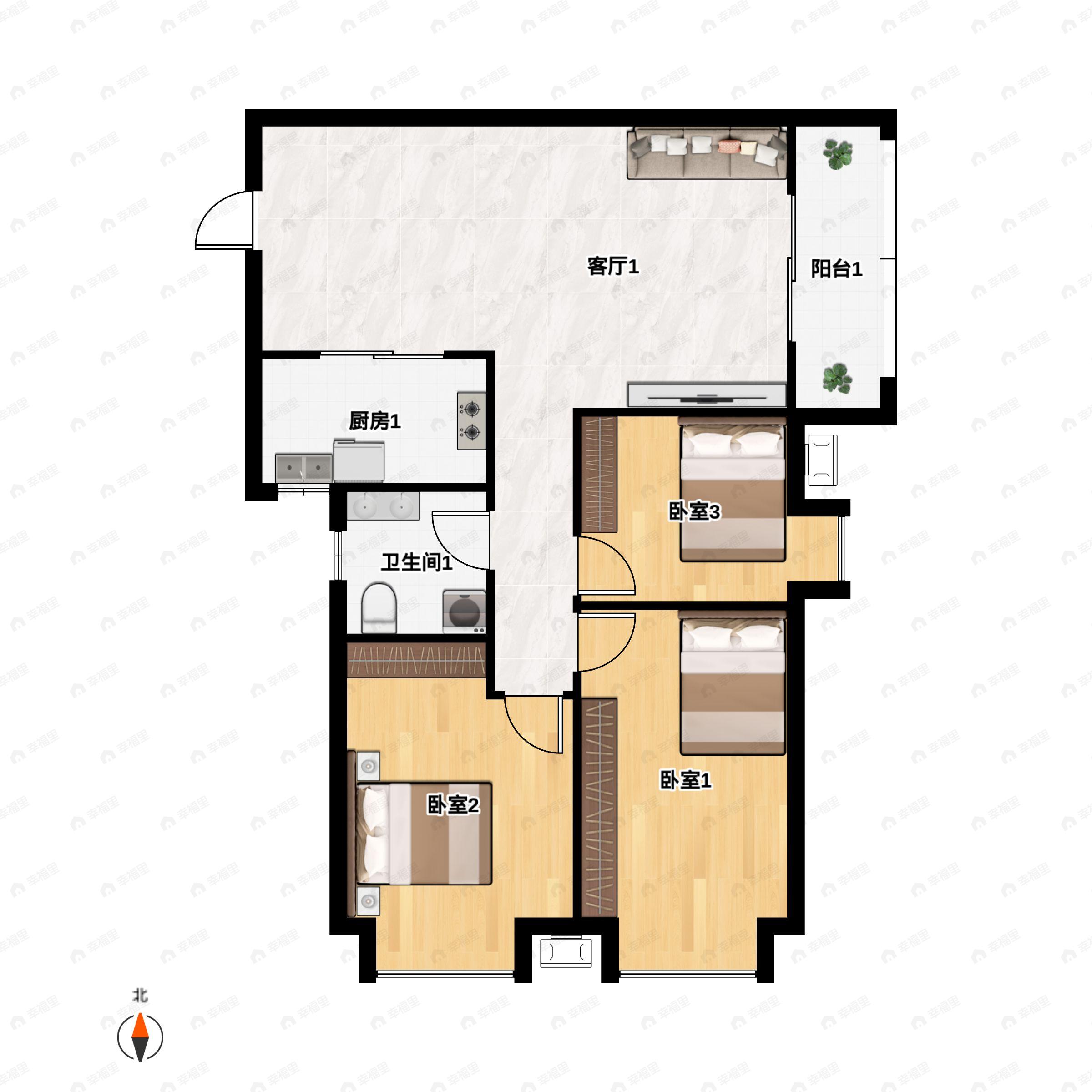 3室2厅1卫建面105平户型图
