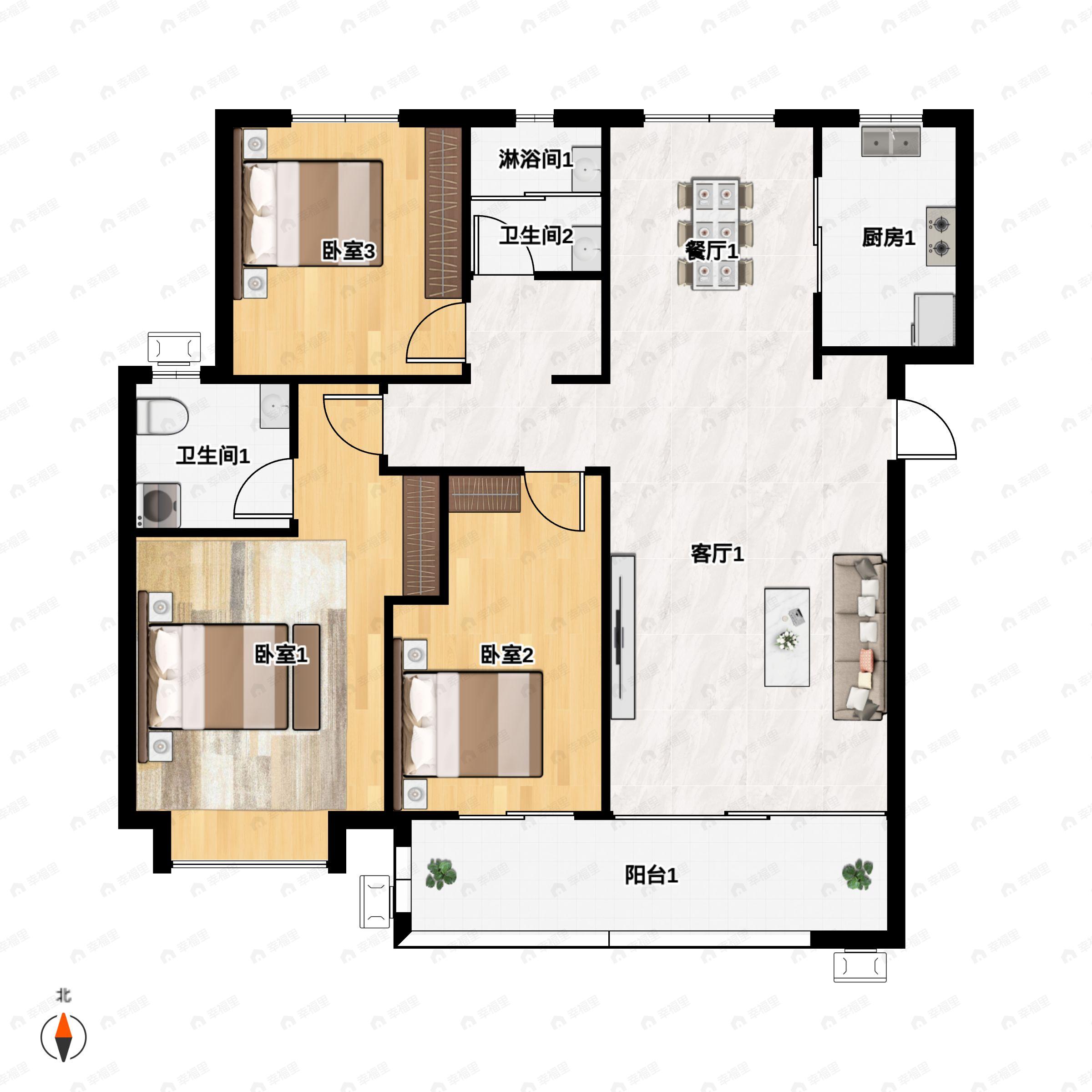3室2厅2卫建面138平南户型图