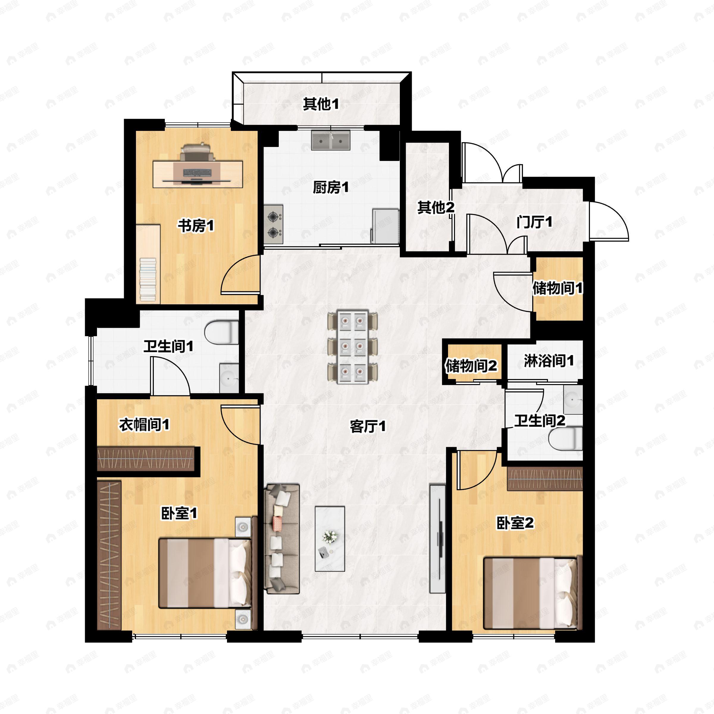 3室2厅2卫建面125m²南户型图