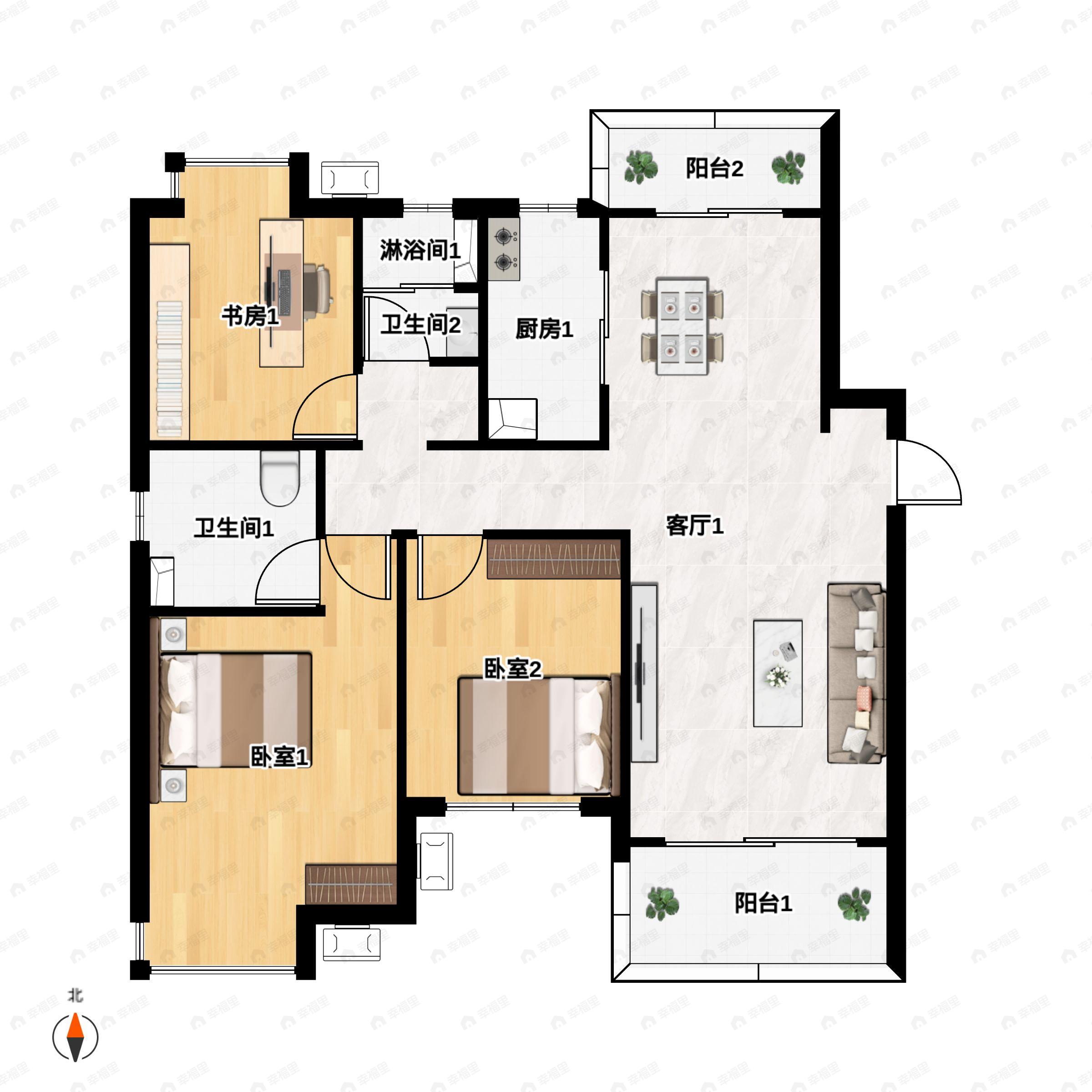 3室2厅2卫建面123平户型图