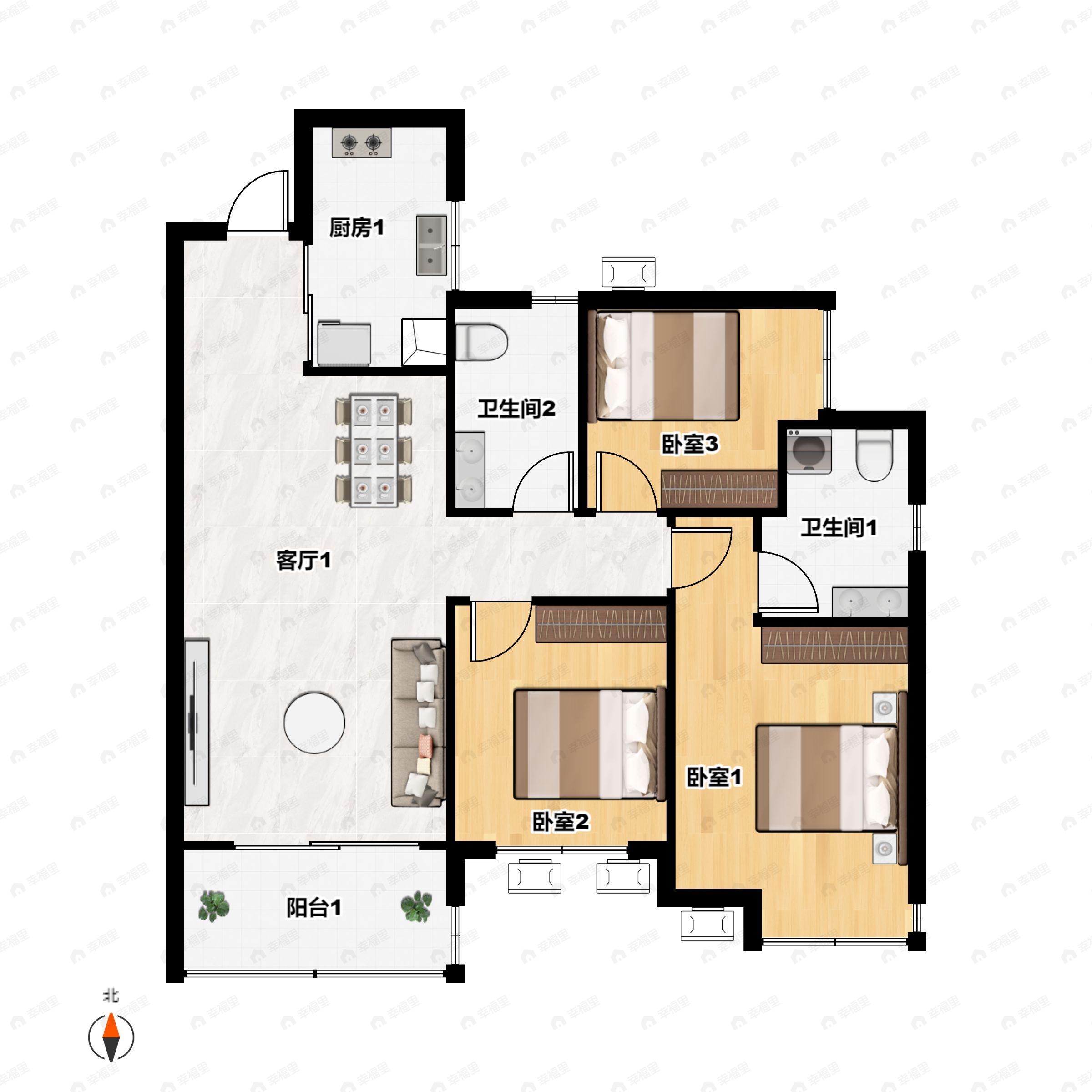 3室2厅2卫建面96平户型图