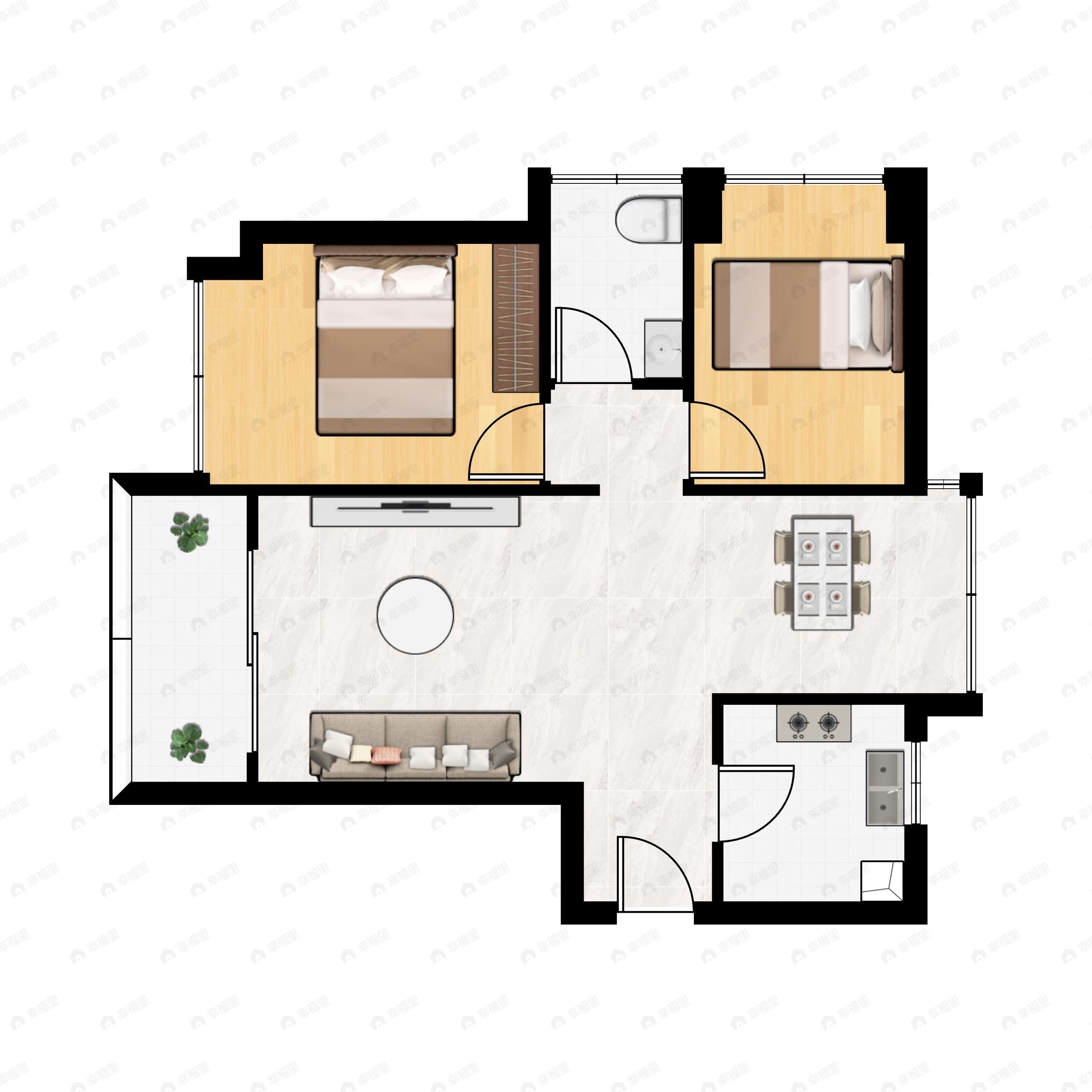 2室2厅1卫建面76平西|西北户型图