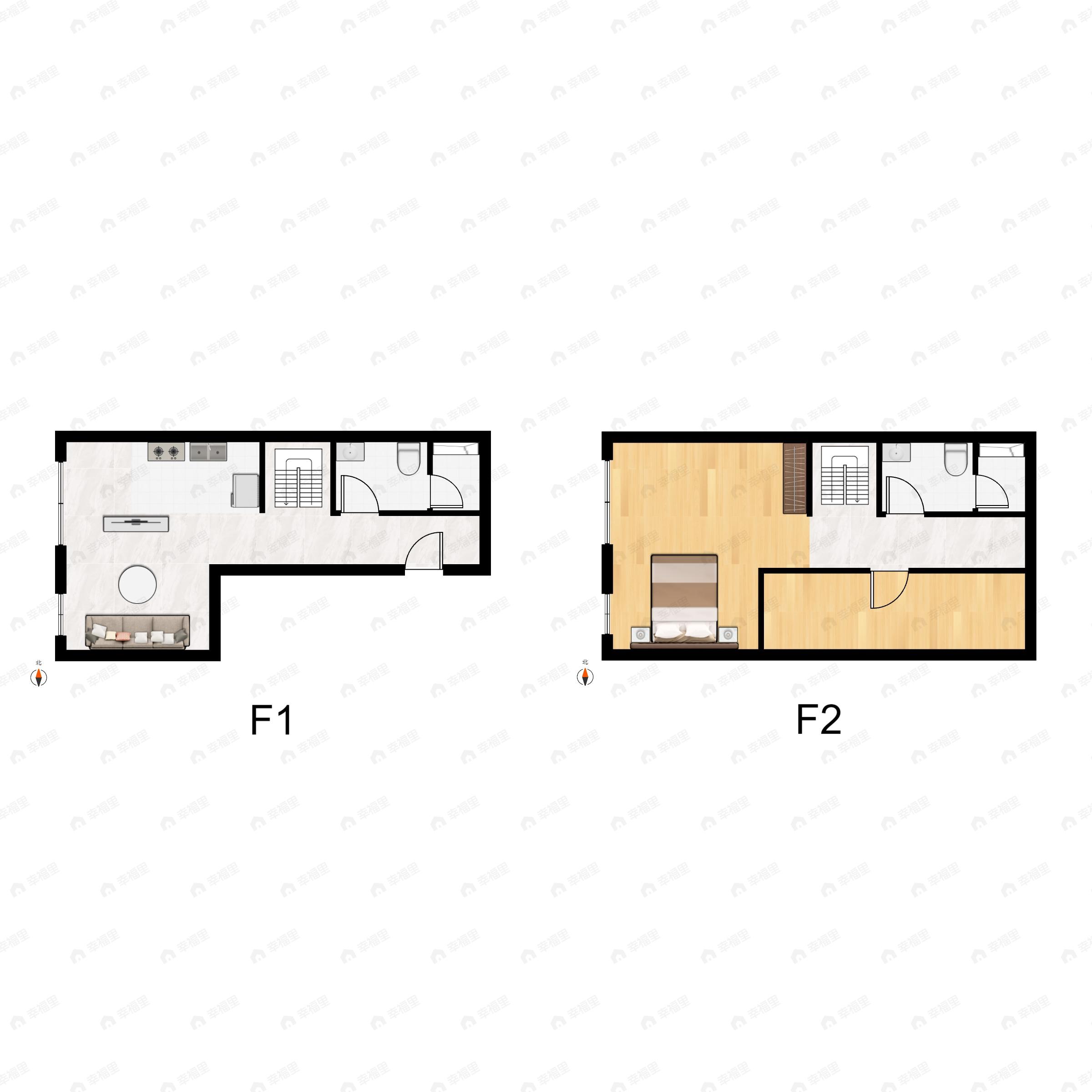 2室2厅2卫建面46平东|南|西|北户型图
