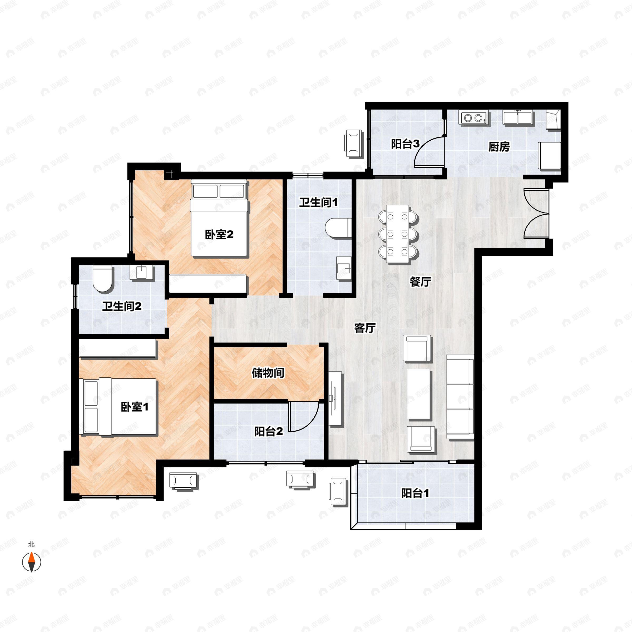 2室2厅2卫建面92平西南户型图