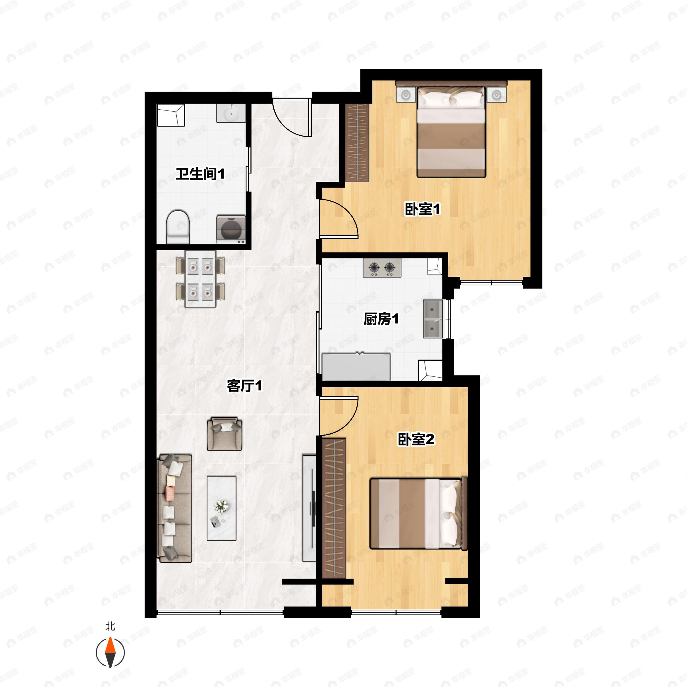 2室2厅1卫建面77m²南户型图