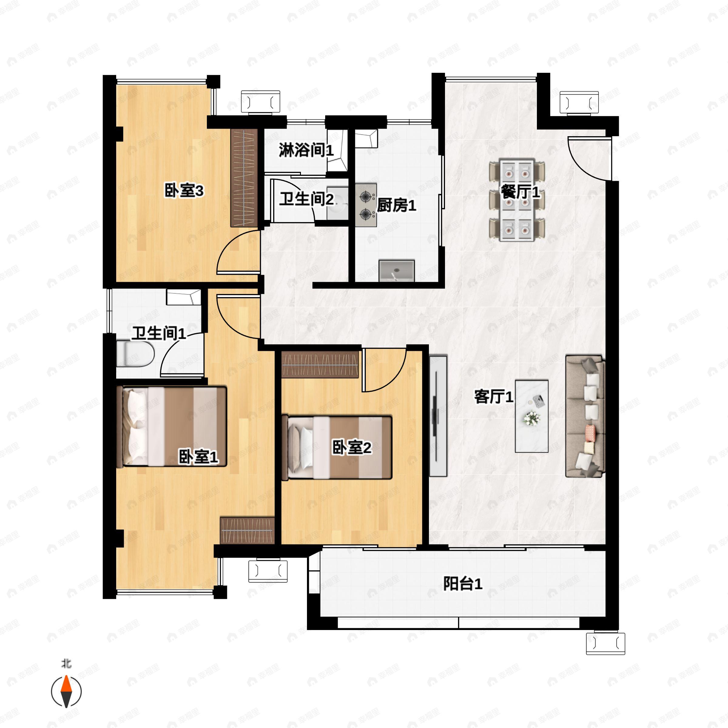 3室2厅2卫建面115平南户型图
