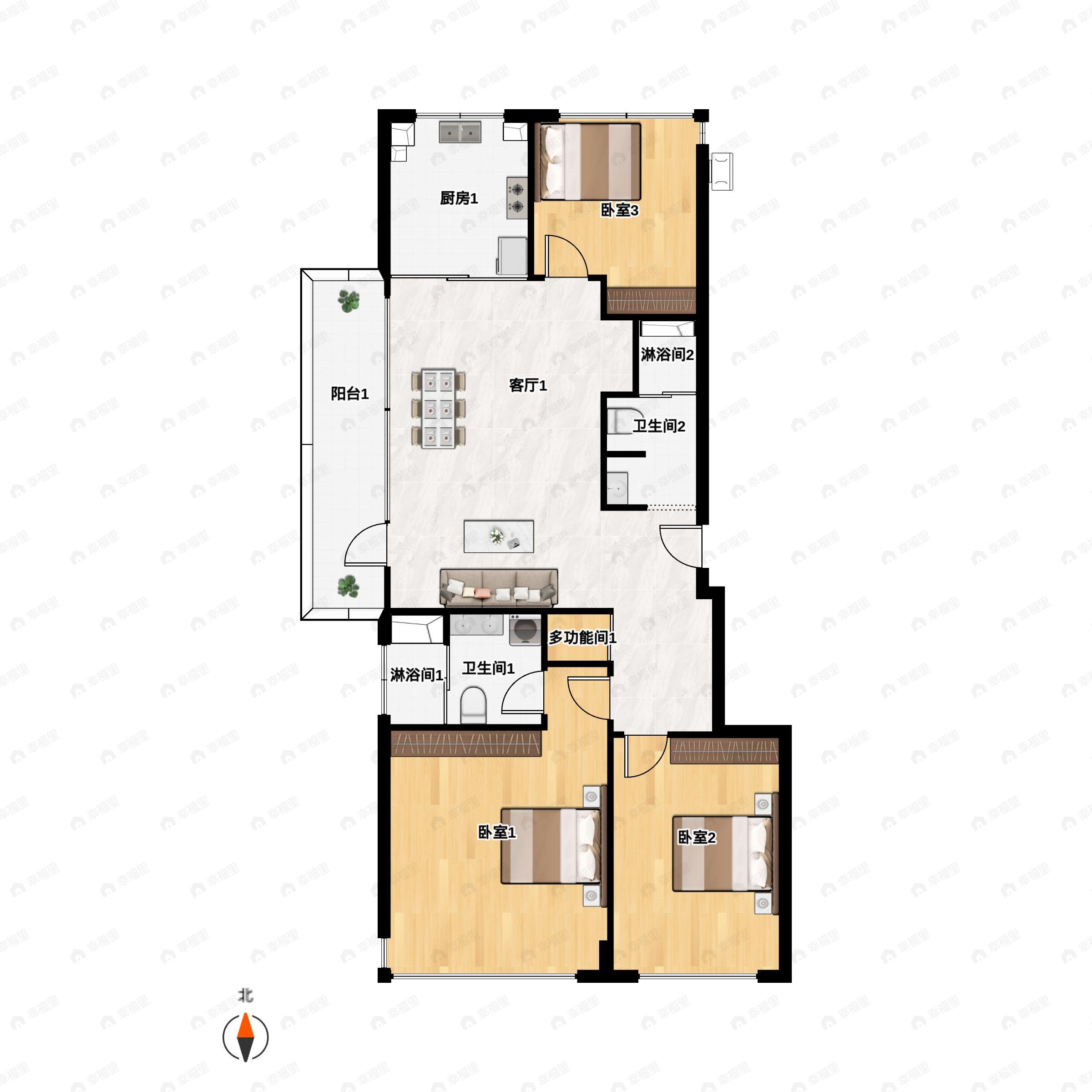 3室2厅2卫建面103平东|南|西|北户型图