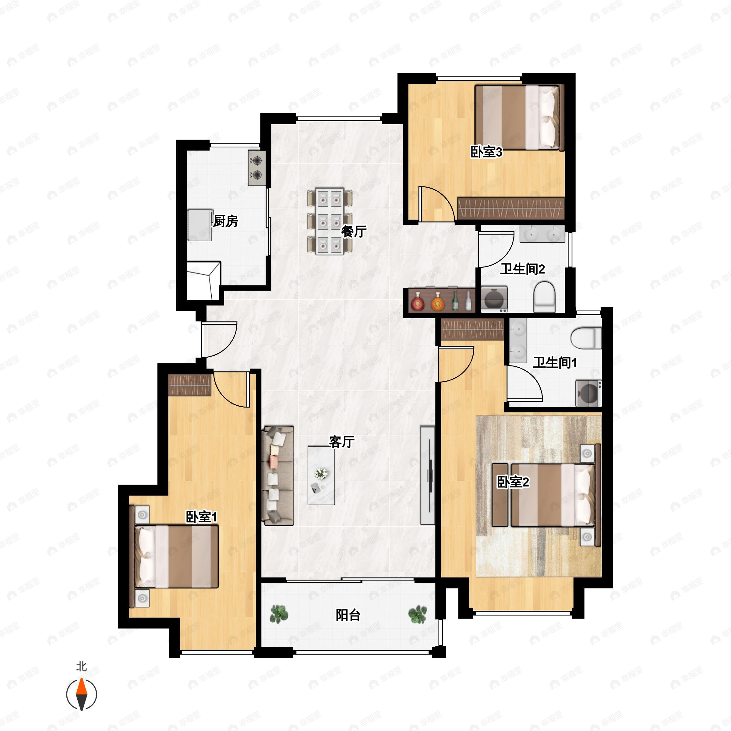 3室2厅2卫建面100m²北|南户型图