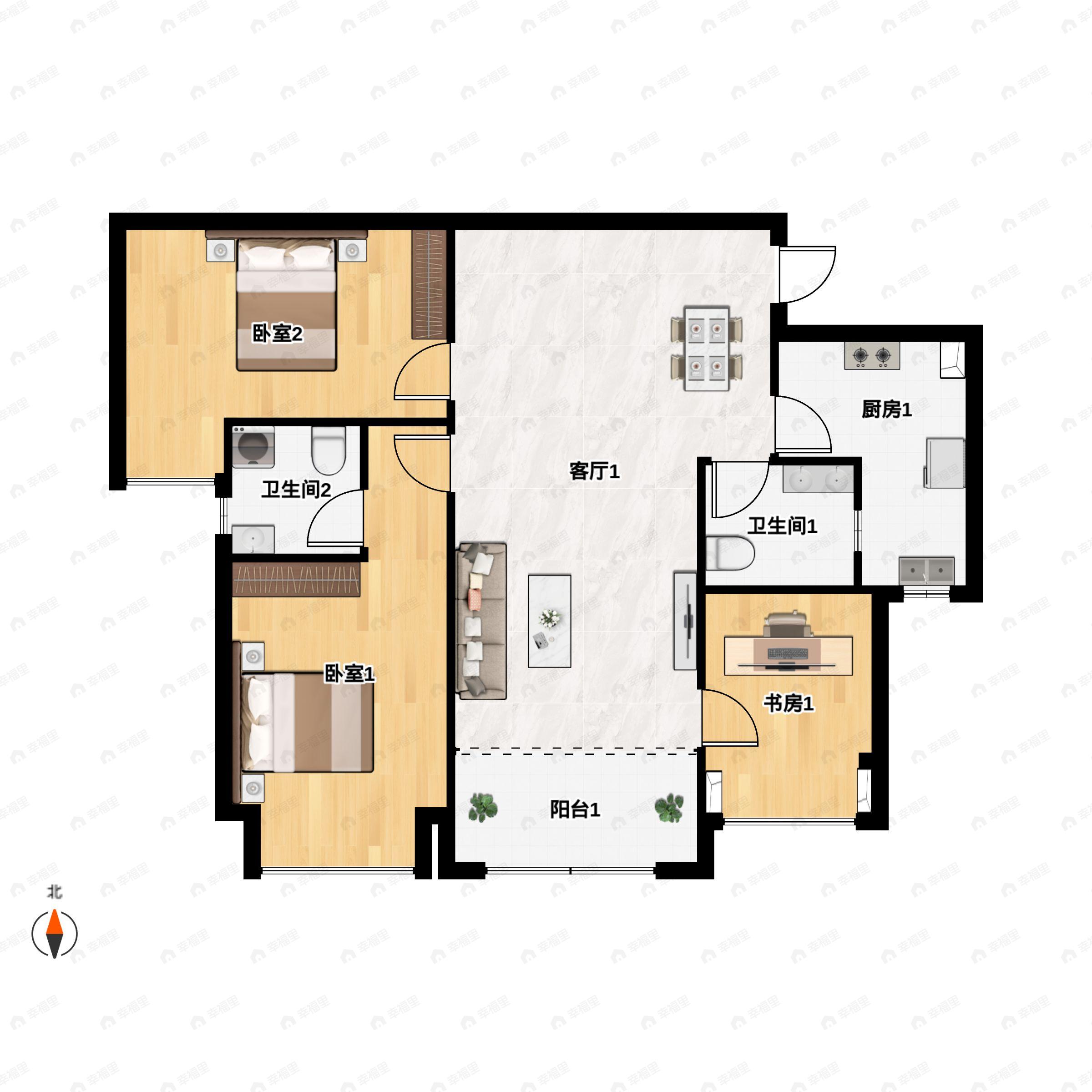 3室2厅2卫建面98平西北|东南户型图