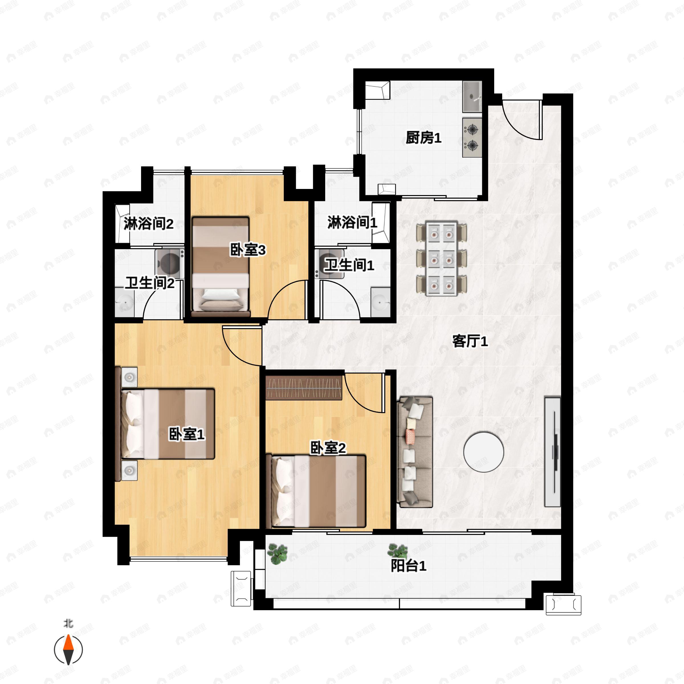 3室2厅2卫建面105平户型图