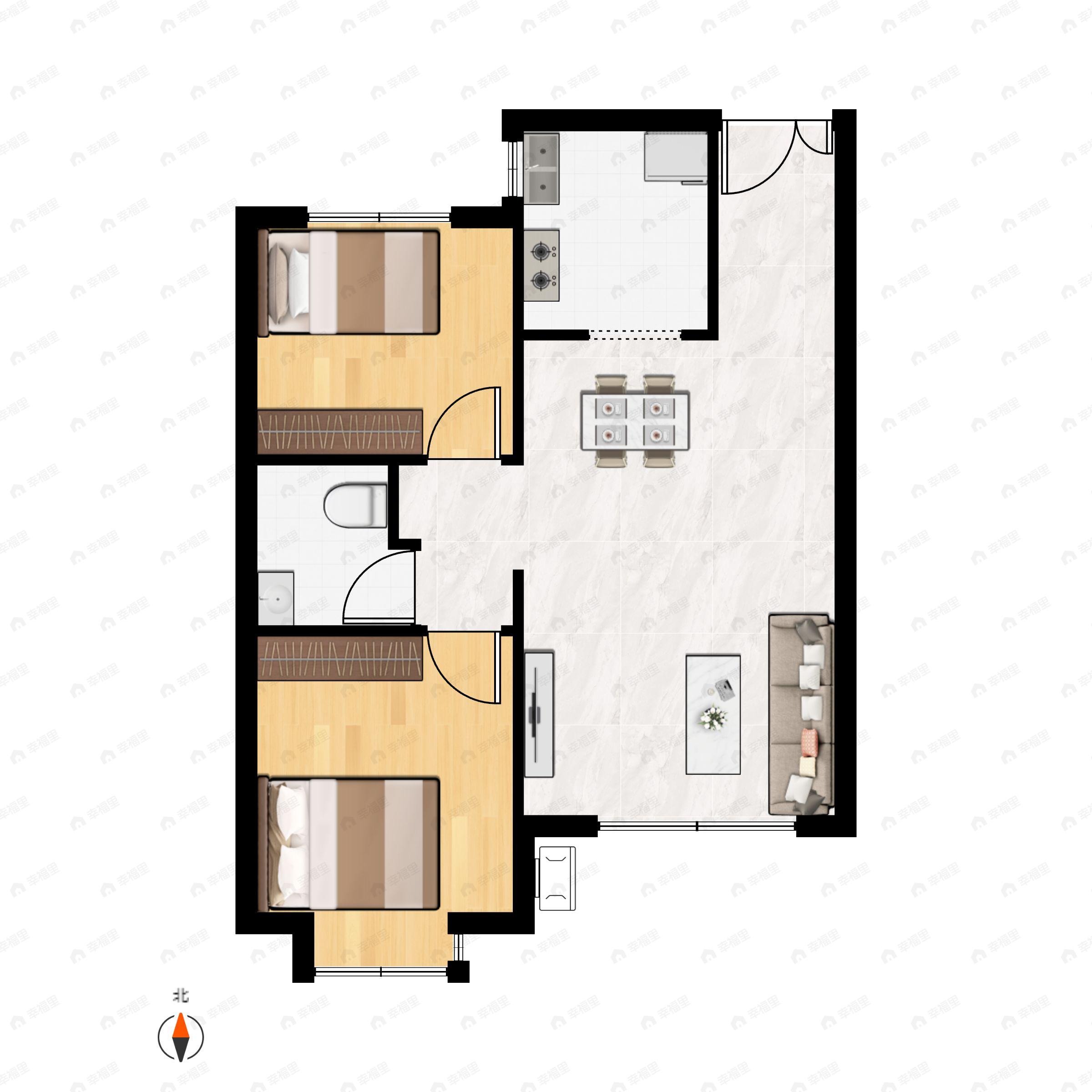 2室2厅1卫建面89m²北|南户型图