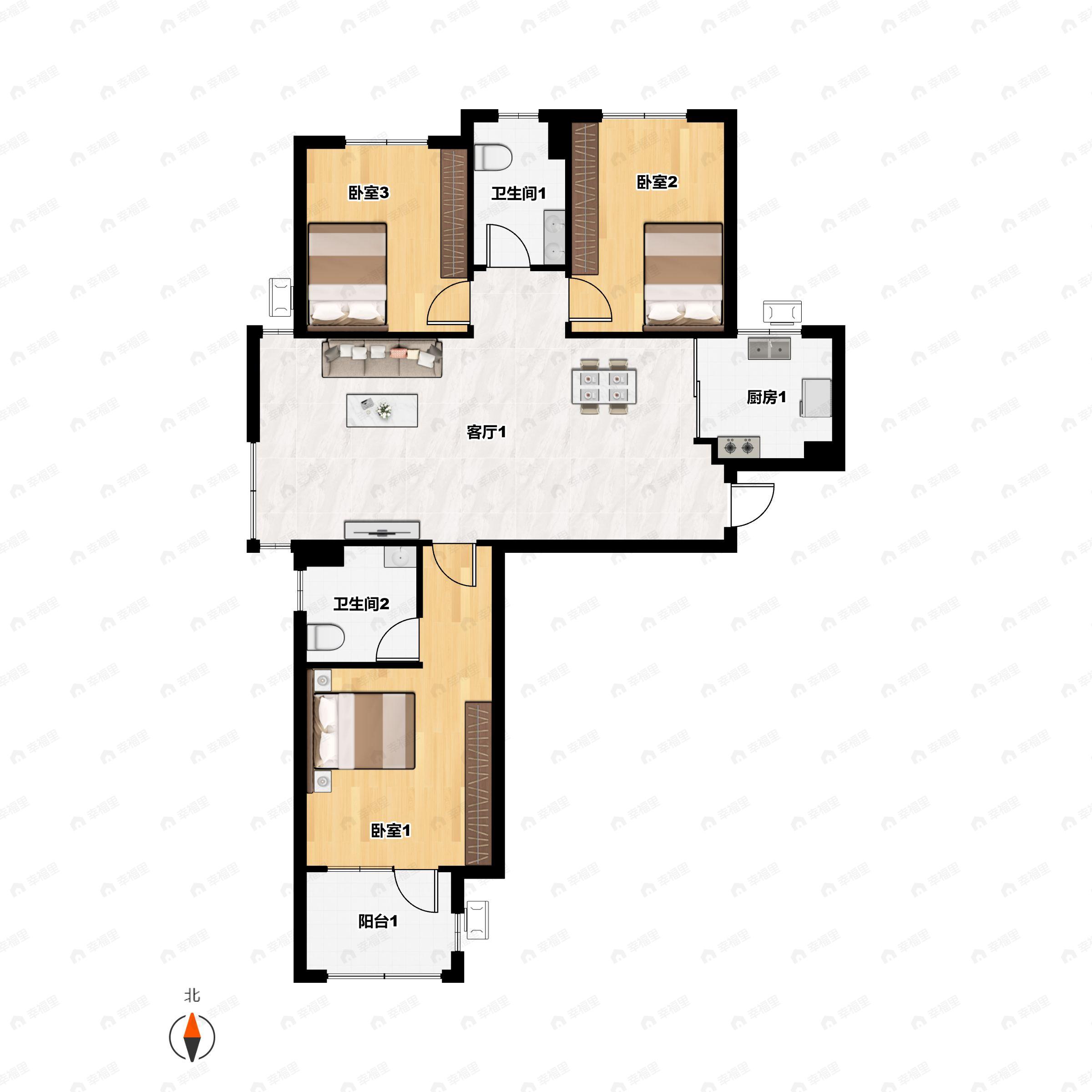 4室2厅4卫建面142平北|南户型图